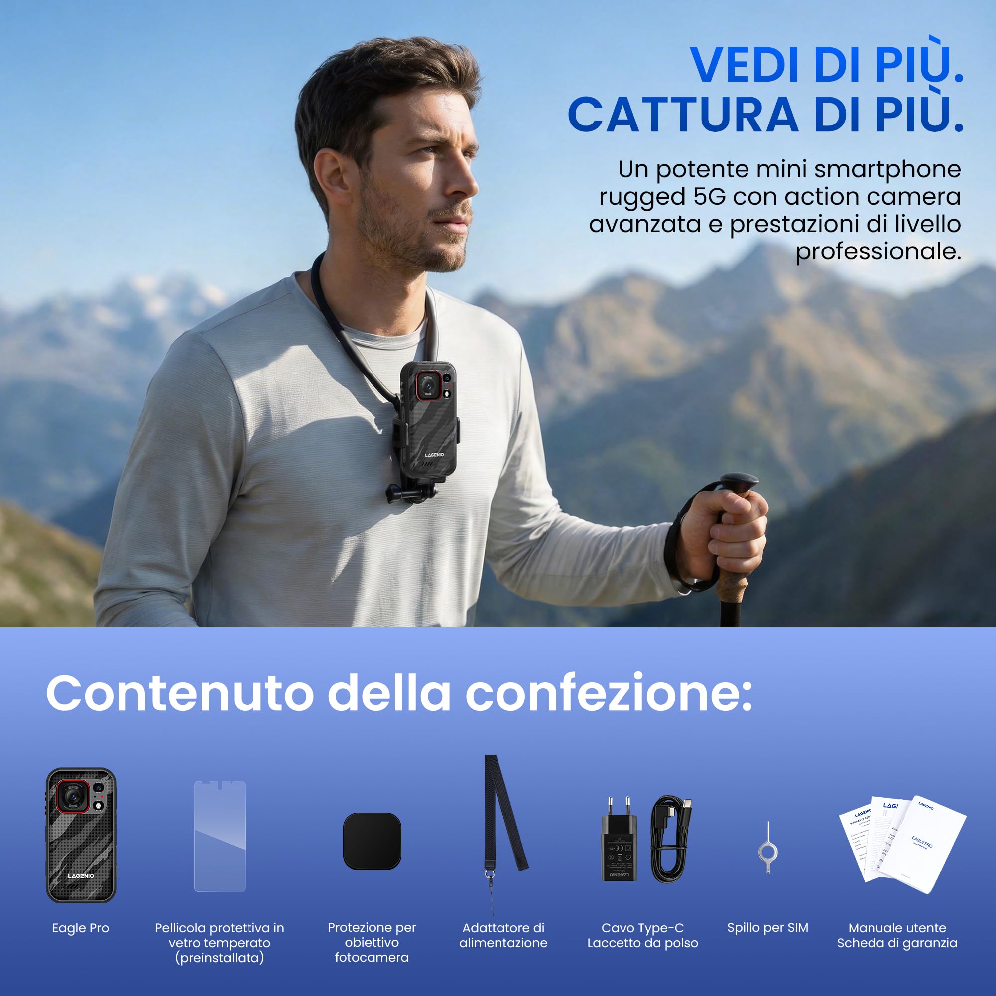 Eagle Pro Mini 5G Smartphone Rugged con Action Camera 4K, Android 16, 32GB+256GB/1TB, Grandangolo 152,6°, Batteria 4,5 Ore, Stabilizzazione, Display 4,0", Dual SIM 5G, NFC, IP69K, Verde
