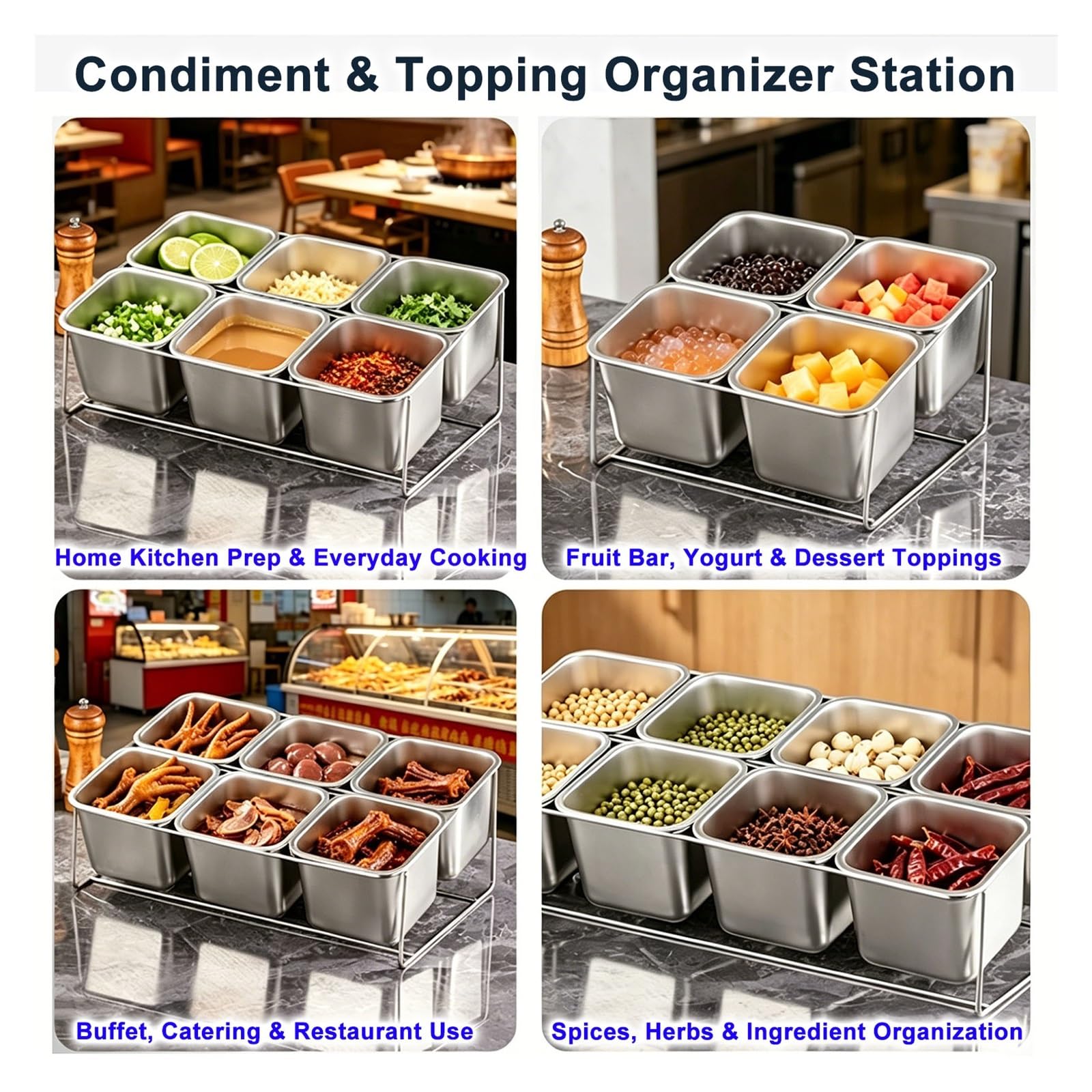 Buffet Station Pizza Salat Edelstahl 304, Catering Küche, Topping Bar, 3/4/6/8 Herausnehmbare Einsätze Food Prep Station