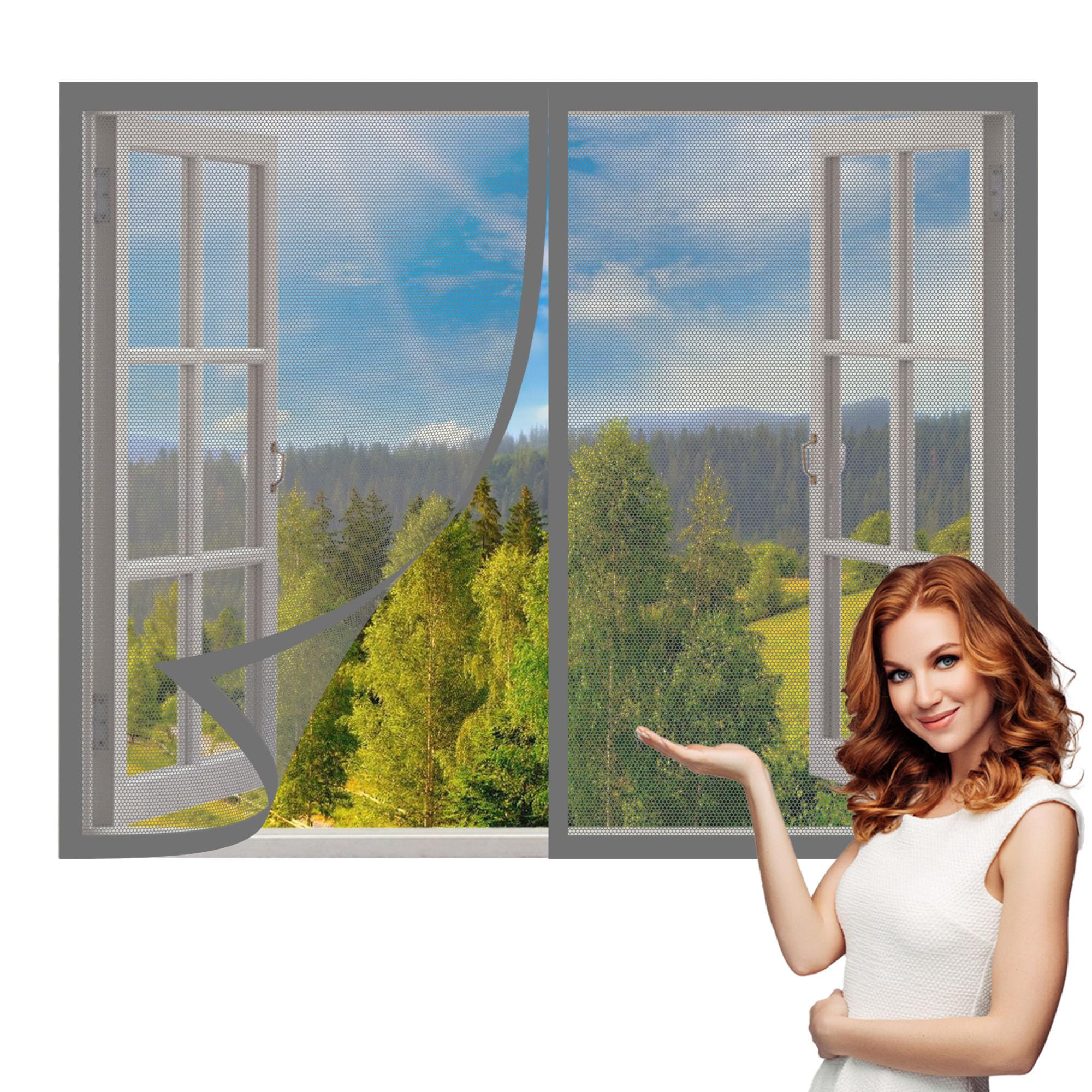 Magnetic Window Screen 80 x 165 cm with Selfadhesive Fly Bug Bee Protection Screen Easy Installation for Home, Office, Bedroom, Living Room Kitchen, Grey