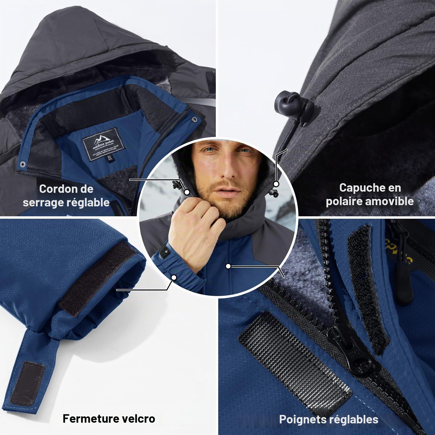 KEFITEVD Vestes polaires imperméables pour hommes Hiver Chaud Ski Imperméables Manteaux de randonnée en plein air avec capuche amovible