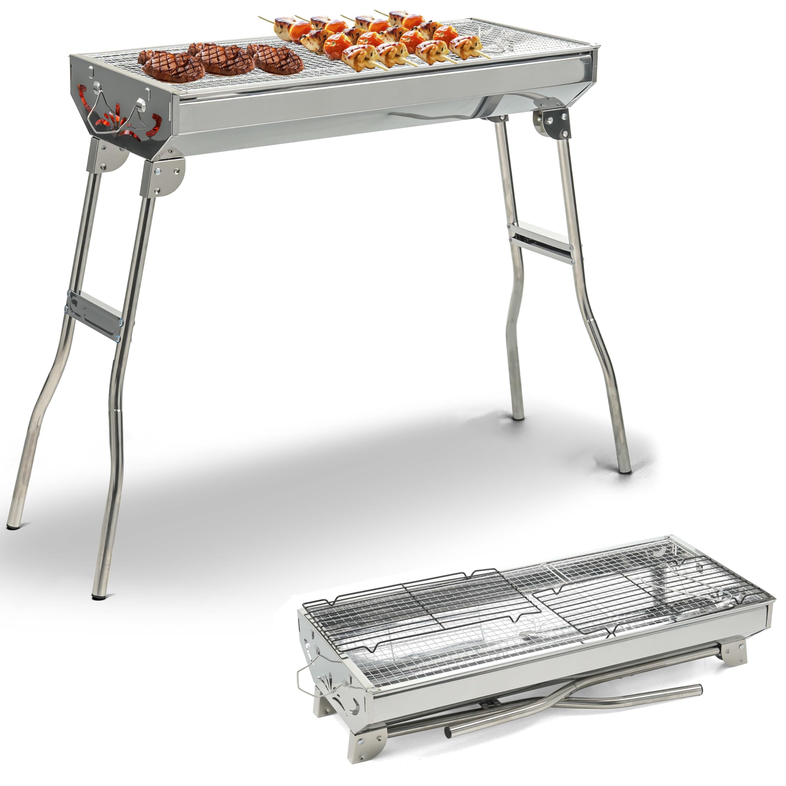 Crystals Large Folding Portable Stainless Steel Charcoal BBQ Grill – Lightweight Outdoor Barbecue for Camping, Hiking, Garden & Picnic | Compact Foldable Metal BBQ Stove - 74 x 72 x 32cm