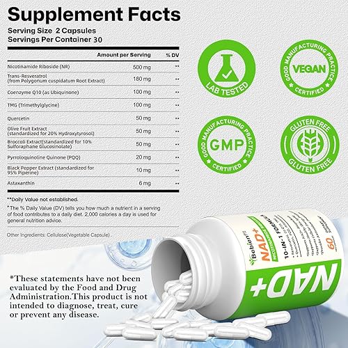 Miniatura 3 de Suplemento NAD, NAD nicotinamida ribósido para hombres y mujeres, con resveratrol, fisetina, CoQ10, trimetilglicina y más, para antienvejecimiento,