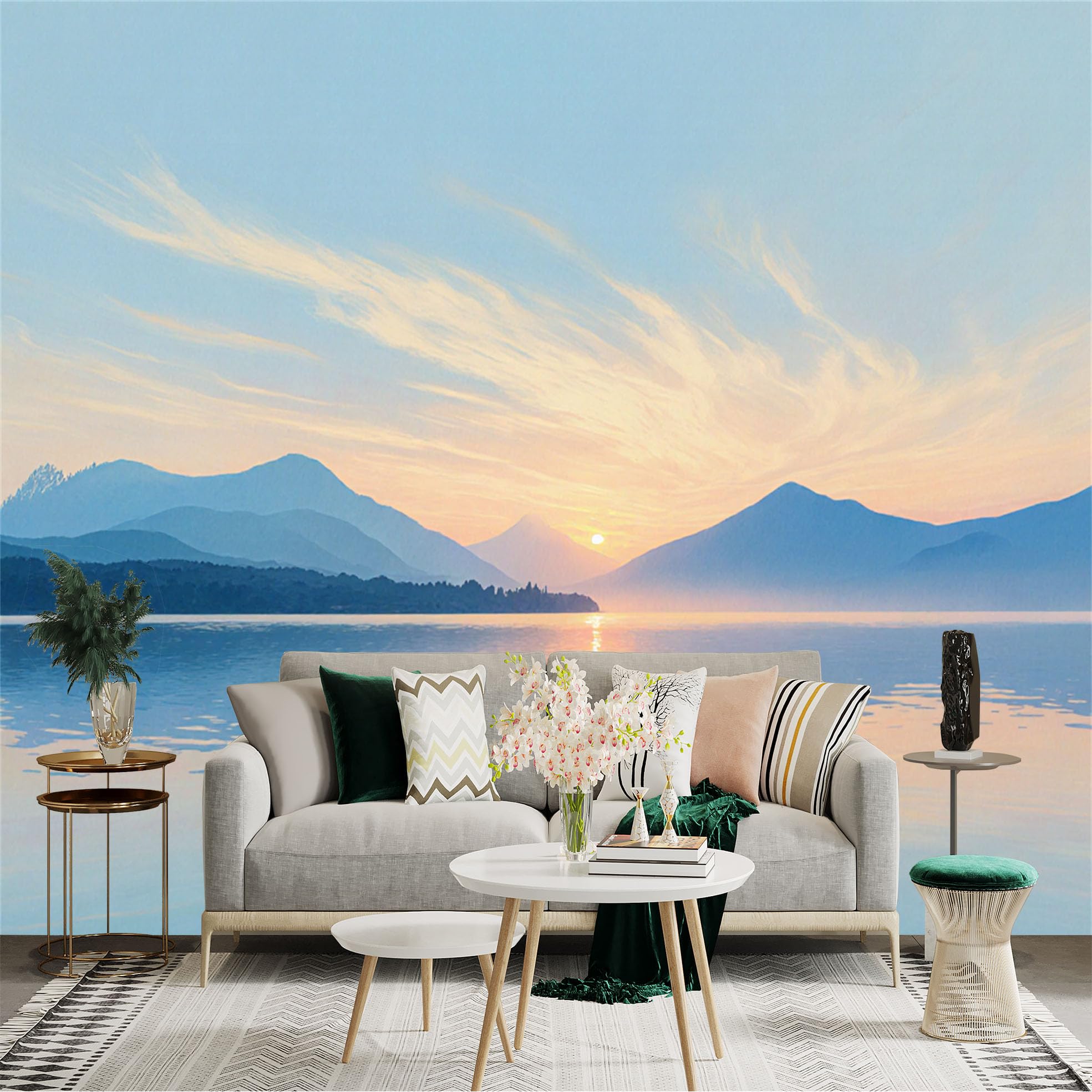Custom Size Wall Sticker Mural， Serene Sunset Lake Landscape， Misty Blue Mountains， Soft Golden Horizon， Calm Water Reflection， for wall Decoration， peelandstick wall Decals.