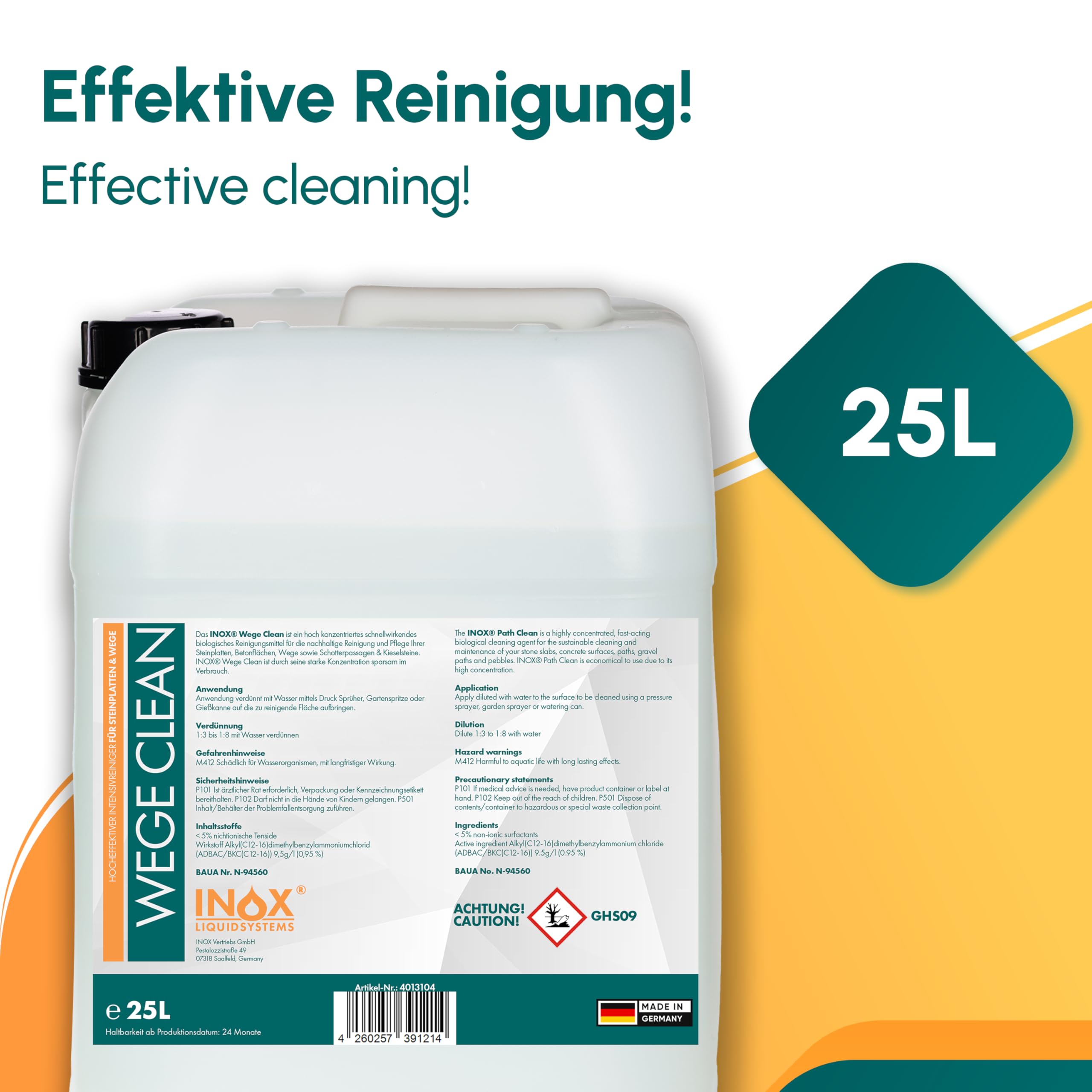INOX® - Effektives Wege Clean Steinreiniger 25L | Intensiv außen | Grünbelagentferner, Algen-, Flechten- & Moosentferner | Reinigt Stein, Beton, Fliesen & Fassaden