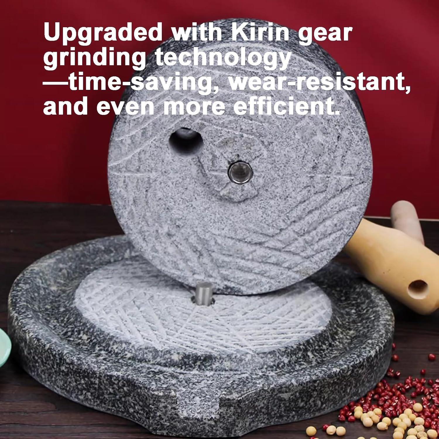 Natural Granite Hand Crank Flour Mill - Manual Stone Grain Grinder with Wood Base (9in) for Fresh Flour, Ideal for Baking and Cooking, Compact and Durable Kitchen Tool