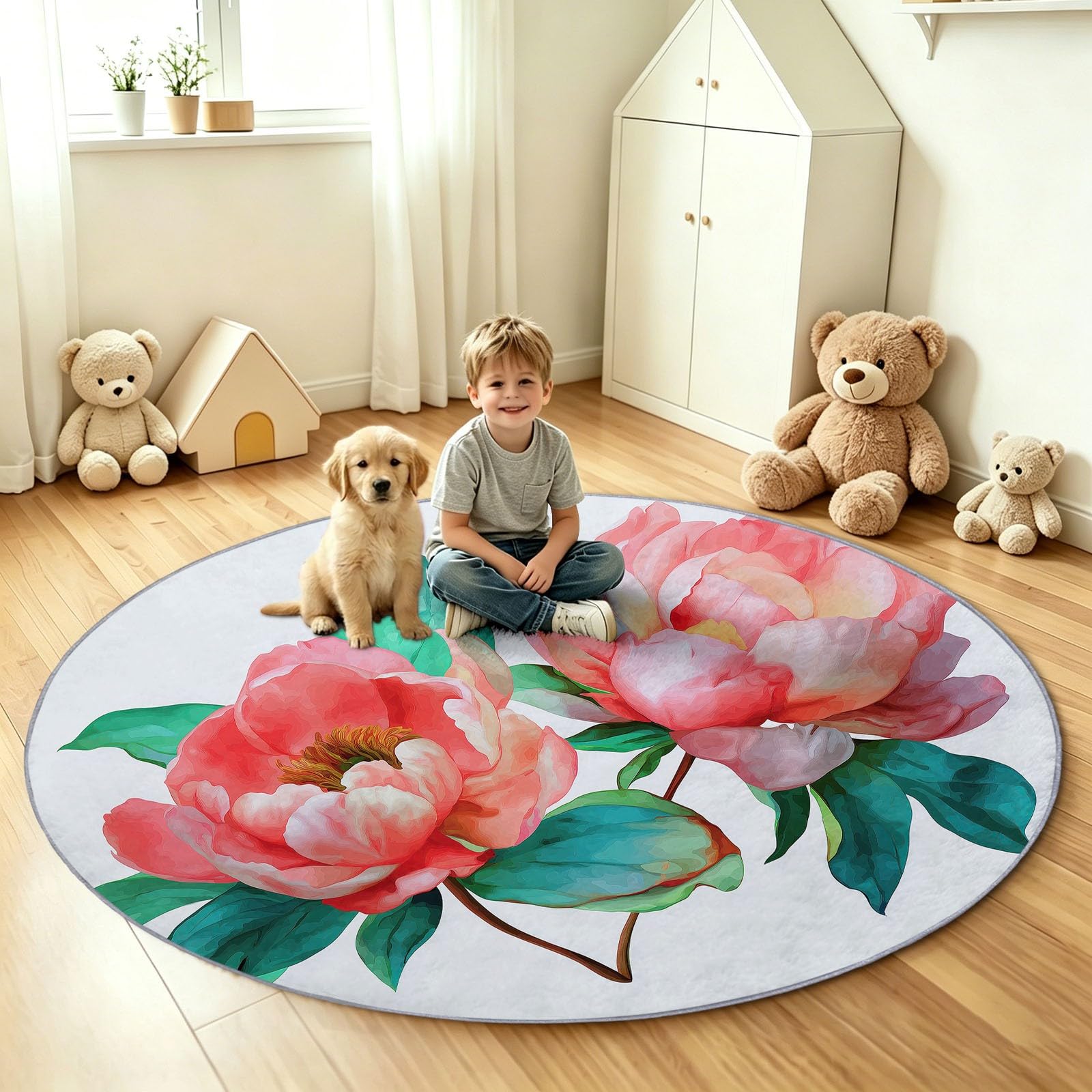 Tappeto rotondo con fiori di peonia, 90 cm, morbido, lavabile, antiscivolo, a pelo basso, motivo floreale, antimacchia, per ingresso, soggiorno, camera da letto, ufficio, bagno, sala da pranzo, bianco
