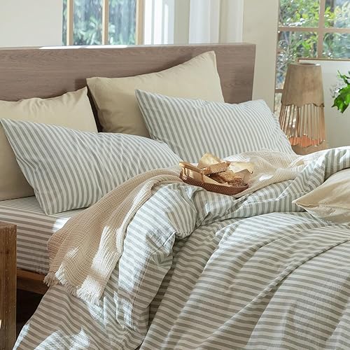 Miniatura 5 de MooMee Fundas de almohada 100% algodón lavado con textura parecida al lino, transpirables, duraderas, suaves, cómodas (cian claro, estándar)