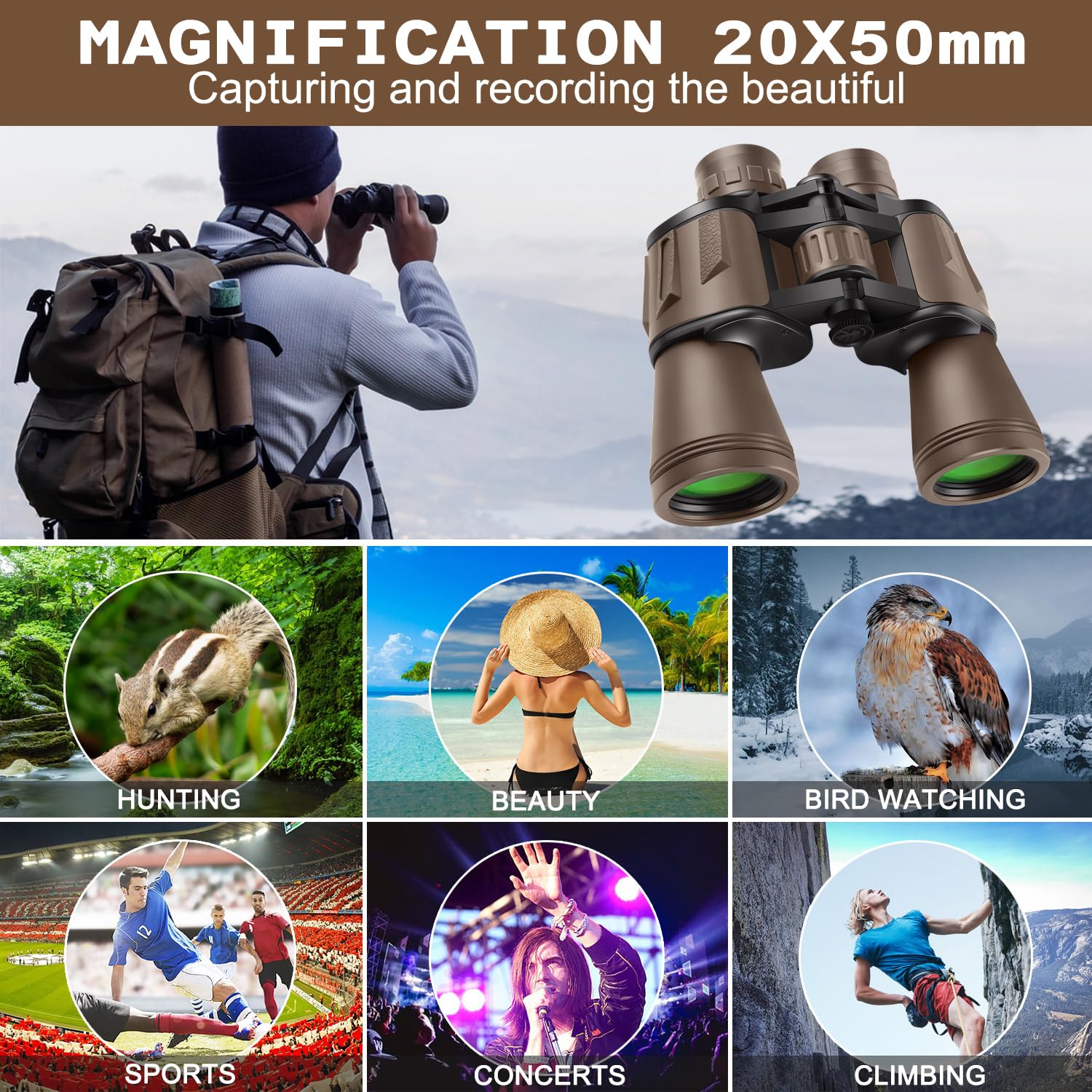 Jumelles haute puissance 20 x 50 pour adultes avec adaptateur smartphone, HD professionnel/quotidien, étanches - Jumelles compactes pour observation des oiseaux, randonnée, concert, voyage