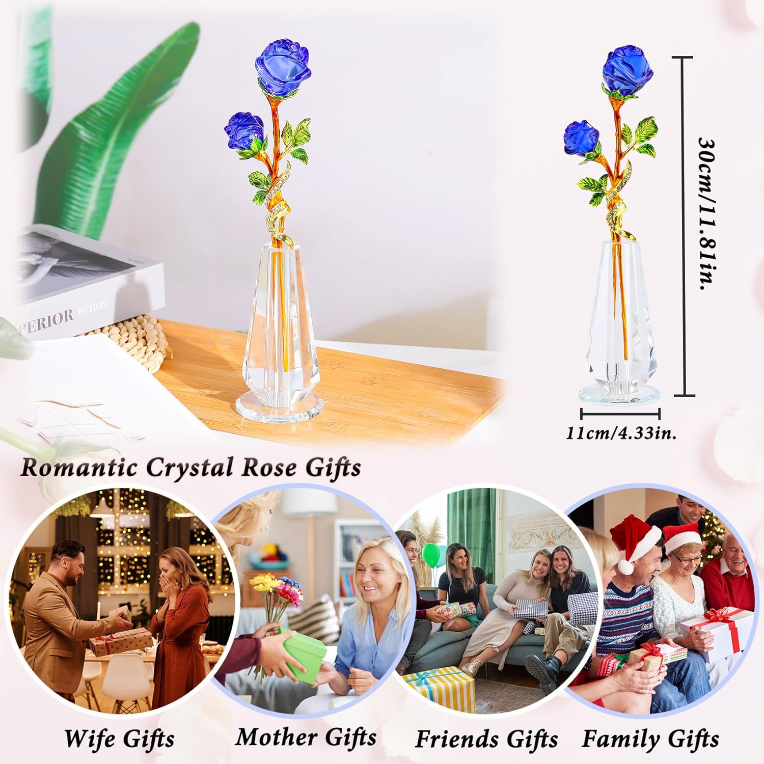YWHL Handmade Crystal Blue Rose Flower Figurine with Vase, Bouquet Glass Flowers Ornament Rose Gifts for Girlfriend Sister Women, Crystal Flower Home Decor for Anniversary Mother's Day Wedding - Image 3
