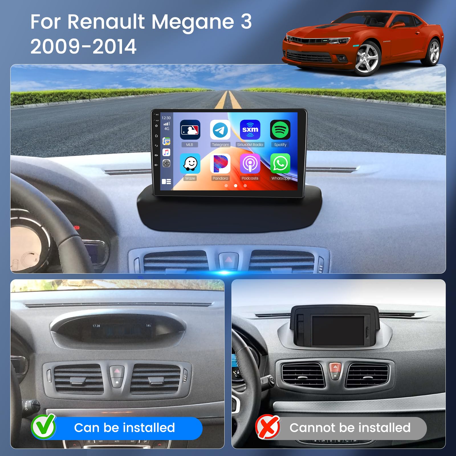 Hikity 2+64G 9" Autoradio Android pour Renault Megane 3 2009-2014 | Wireless Carplay Autoradio 2 DIN GPS Navi Bluetooth WiFi FM/RDS Caméra de Recul DSP EQ Commandes au Volant 2+64G