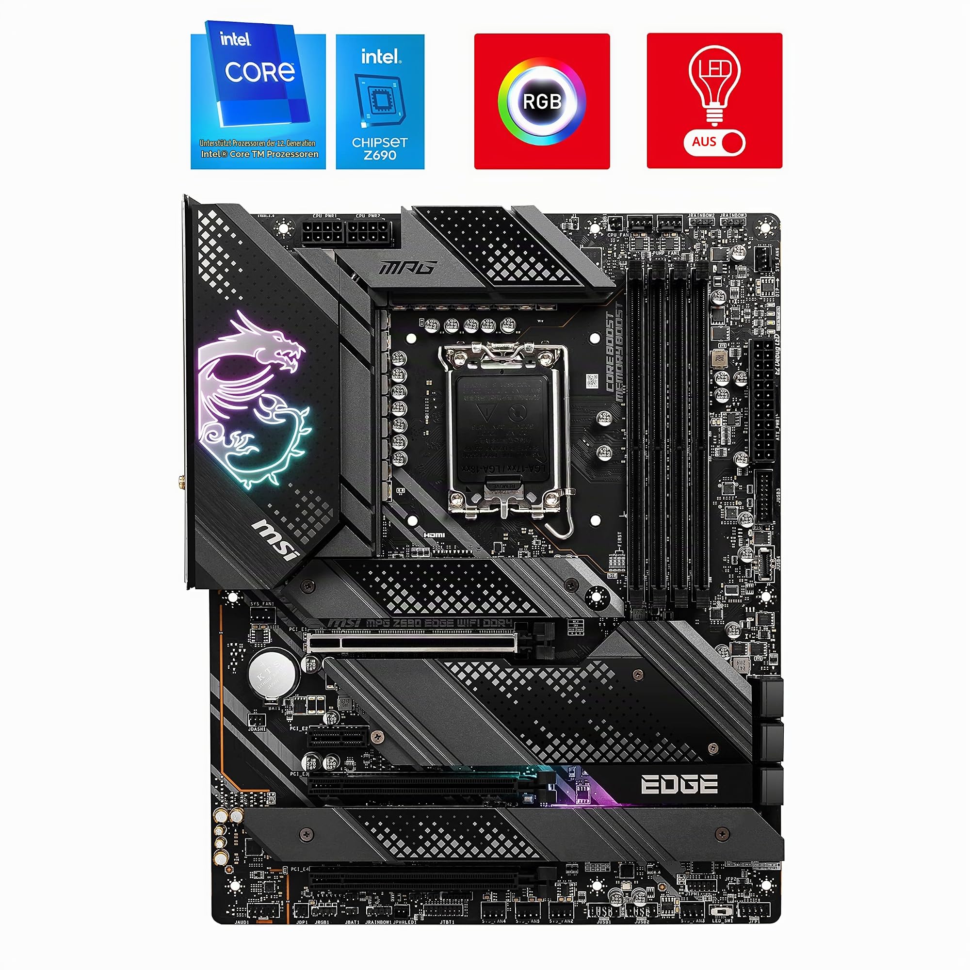 MSI MPG Z690 Edge WiFi DDR4 Gaming Mainboard ATX, unterstützt Intel Core Prozessoren 12. Generation, LGA 170, Direct 16 Phase VRM 75A, Memory Boost 5200MHz/OC, 1 x PCIe 5.0 x16, 4 x M.2 Gen4, Wi-Fi 6