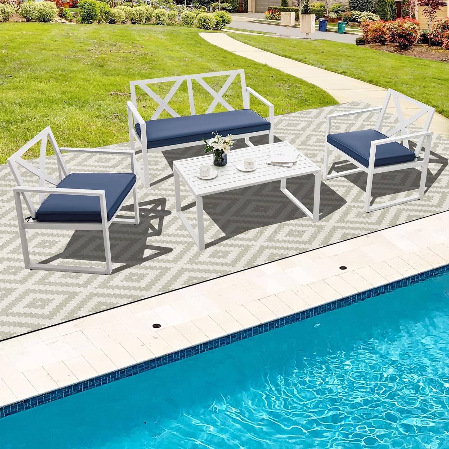Tangkula 4 Pieces Outdoor Conversation Set, Patiojoy Heavy Duty Steel Frame Patio Chairs with Coffee Table Set, Soft Seat Cushions, for Garden, Backyard, Poolside, Balcony and Deck (Navy)