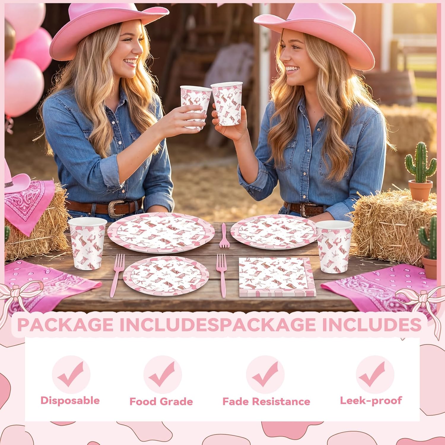Remerry 30 Set/ 210 Pcs Cowgirl Party Supplies Western Coquette Pink Bow Birthday Party Decorations Include Disposable Plate Napkin Cup Fork for Western Themed Wedding Bachelorette Baby Shower - Image 6