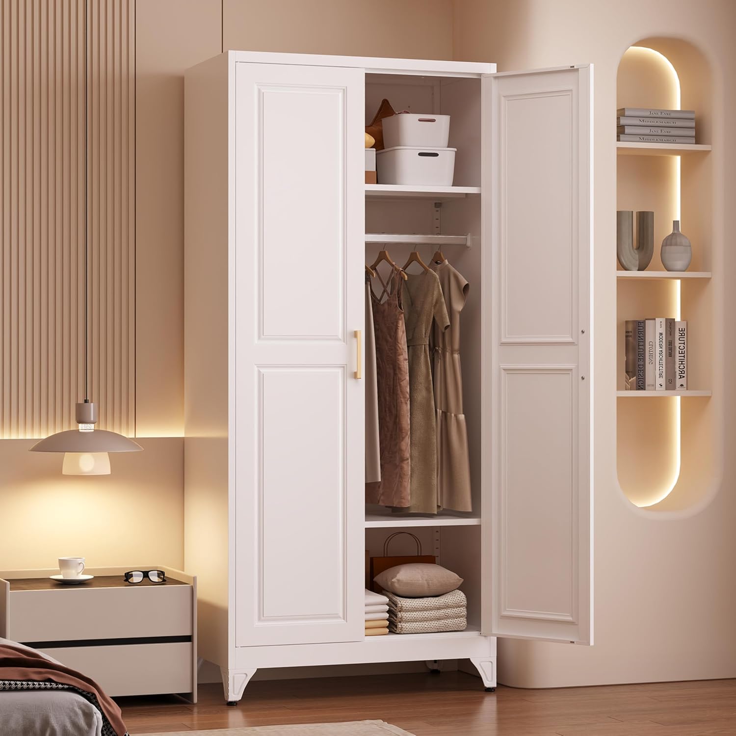 Armoire Wardrobe Closet with Hanging Rod, 71" Tall Metal Clothes Storage Cabinet with Doors and Adjustable Shelves, White Wardrobe Cabinet, Steel Closet for Bedroom, Bathroom, Office, School