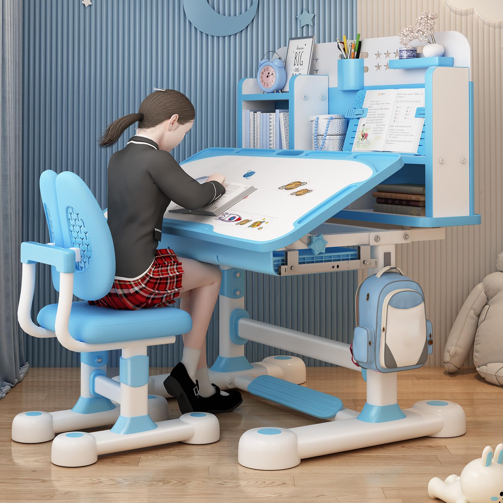 Bureau Et Chaise Réglables Pour Enfants, Bureau Enfant Fille, Table Et Chaises D'étude De Modèle De Dessin Animé Avec Tiroirs Et Compartiments De Rangement, Pour Lecture/apprentissage (Rosa-B)
