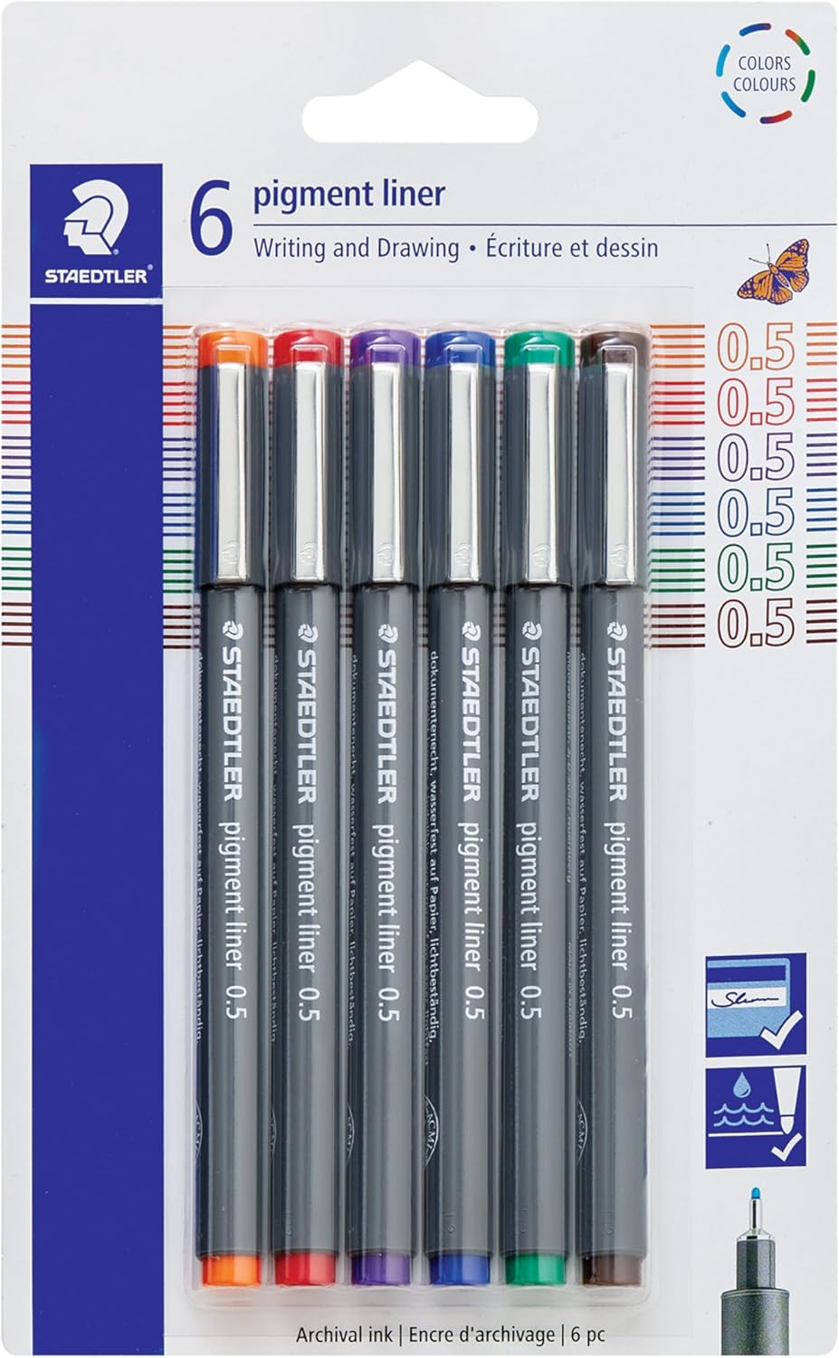 STAEDTLER Pigment Liner: 6 Assorted Colors, 0.5 mm Fineliner Pens for Writing, Drawing, and Sketching