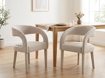 ROCITY Upholstered Barrel Dining Chairs Set of 2, Beige Linen Fabric