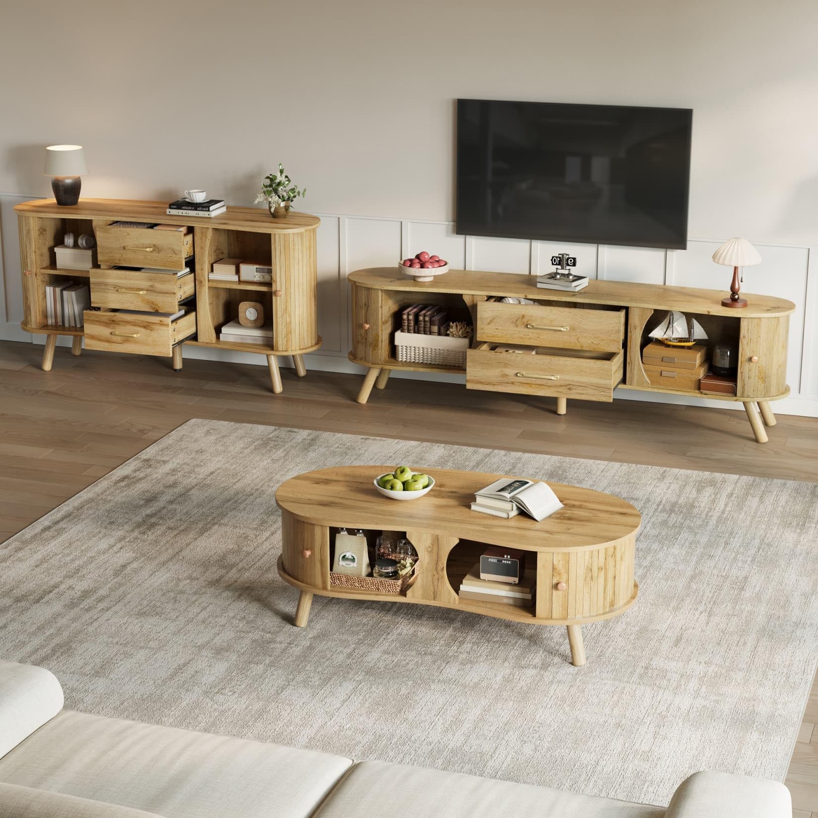 Ensemble salon 3 pièces en bois naturel avec meuble TV et buffet