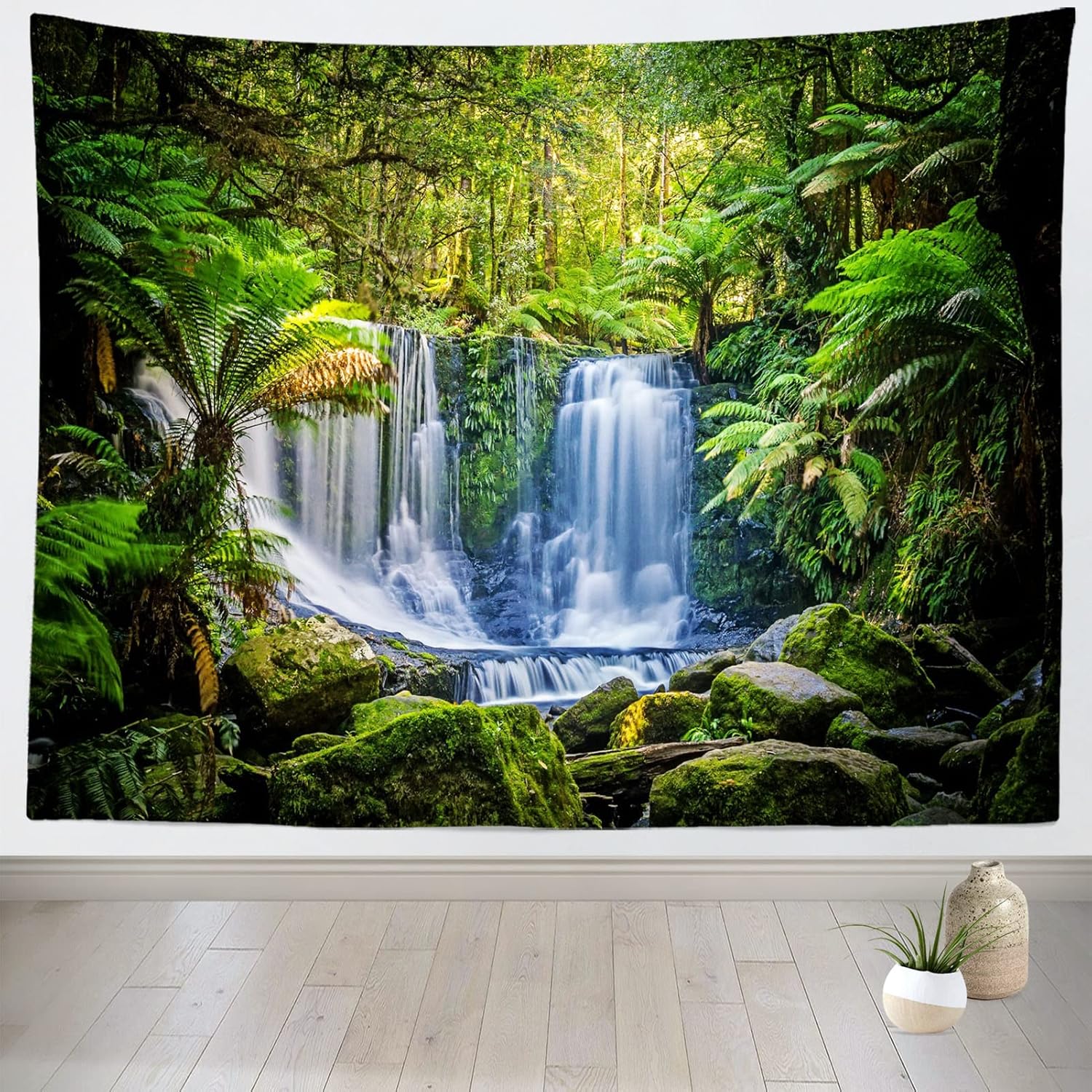 BELECO Jungle Forest Waterfall Tapestry 118x78 Inch Tropical Rainforest Scenery Tapestry Cascade Green Trees Nature Landscape Tapestry Wall Mural Home Decor Wall Art for Living Room Bedroom Dorm