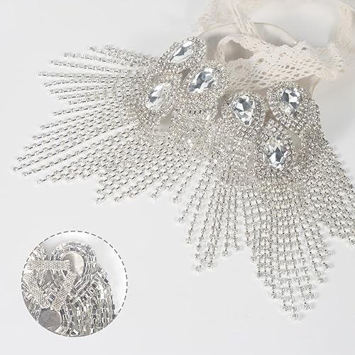 Miniatura 4 de 2 piezas de charreteras de hombro con flecos de cristal, diseño de gota de agua plateada, apliques de diamantes de imitación para ropa de mujer,