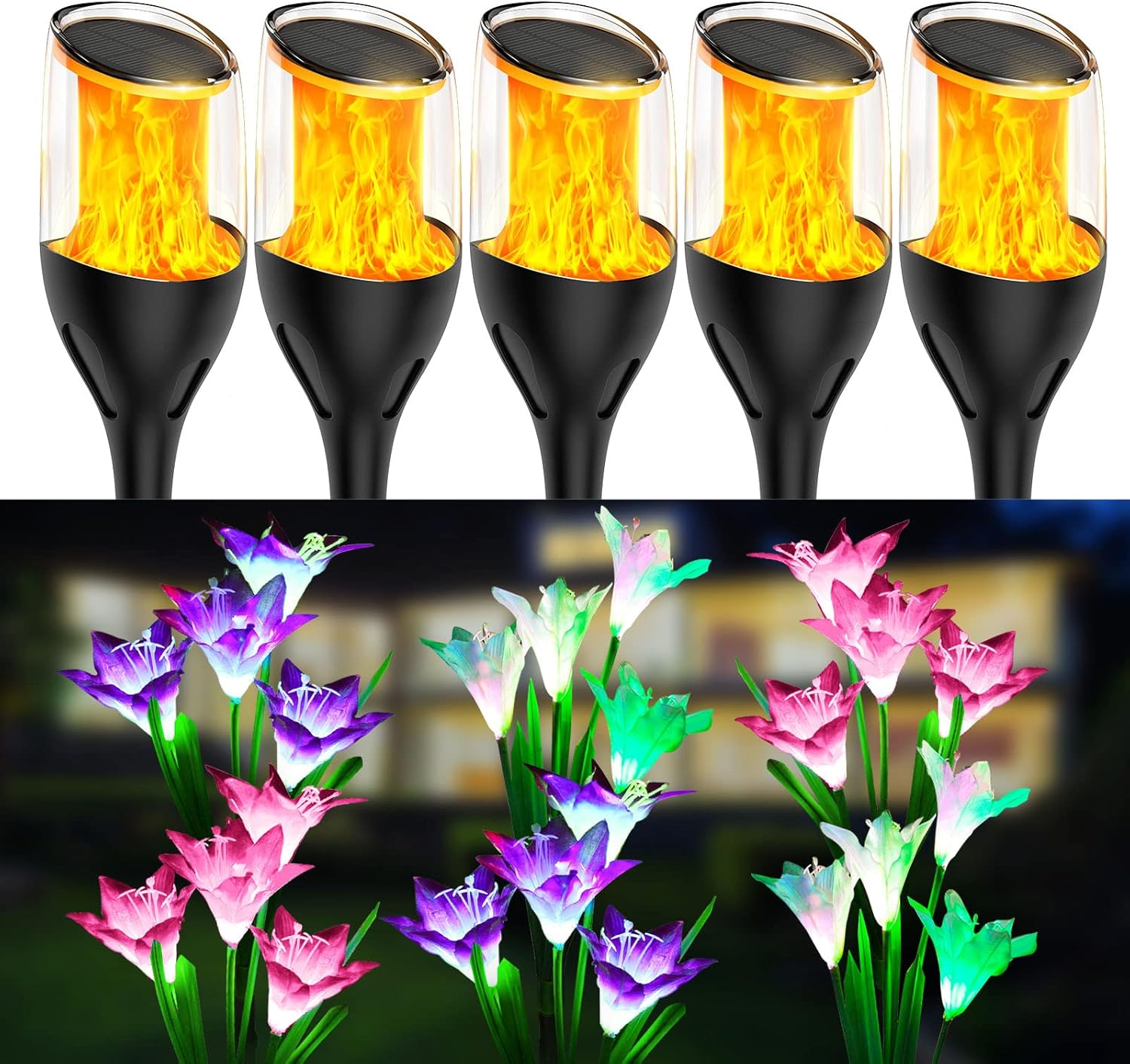 WdtPro Solar Lights Outdoor Decorative Flickering Flame + Solar Outdoor Lights Waterproof Solar