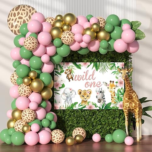 Guirnalda de globos de color verde salvia con telón de fondo de 59 x 40 pulgadas, arco de globos 5 en 1 color safari temática de selva, juego de