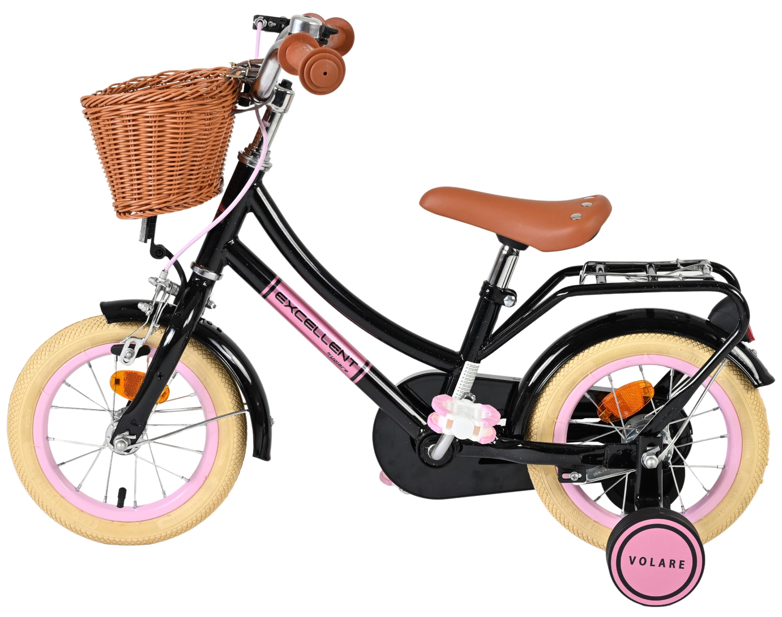 Volare Excellent Fahrrad | 3–5 Jahre | Hand- & Rücktrittbremse, Stützräder, Kettenschutz, Reflektoren & Korb | Höhenverstellbarer Sattel | Geschenk für Mädchen