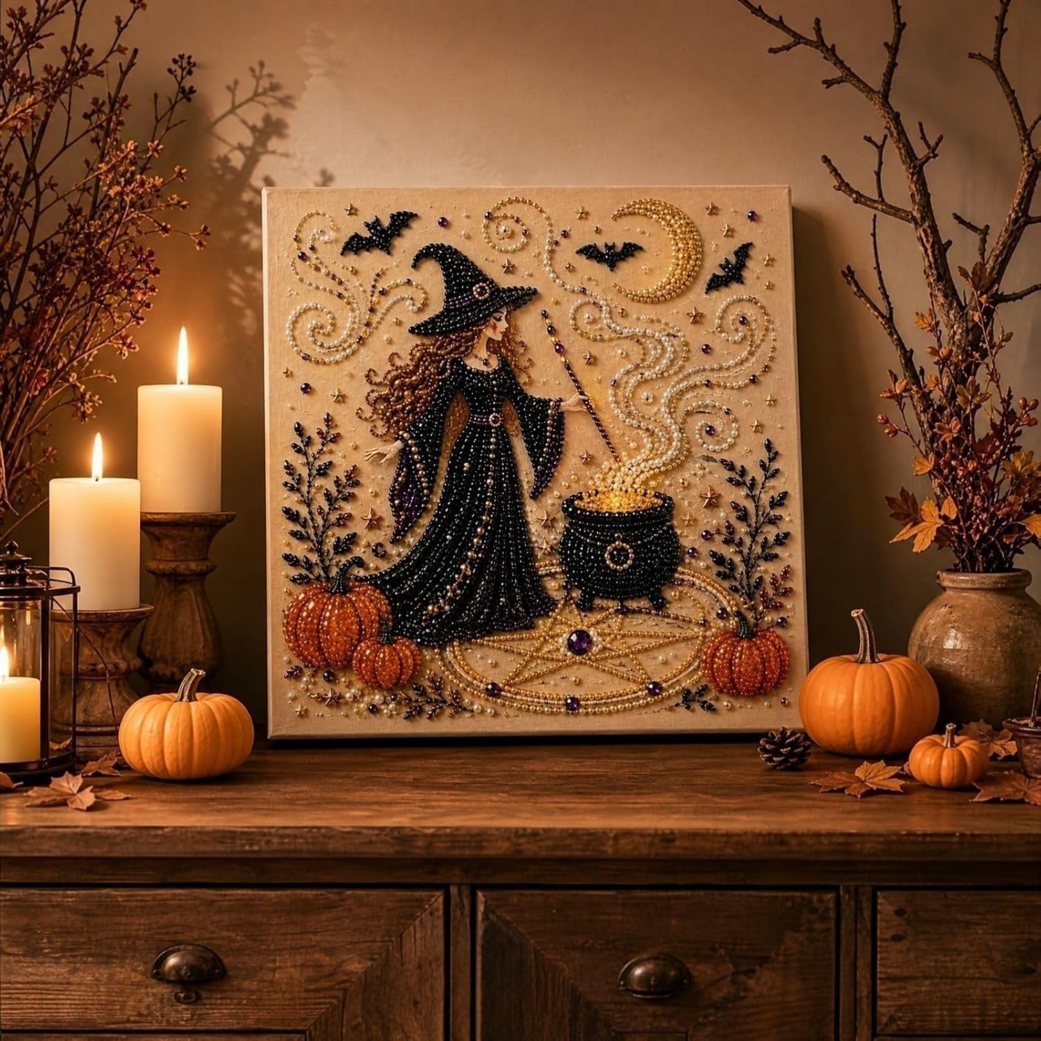 Halloween Pearl Diamond Art Kit with Frame for Adults, DIY 5D Special Shaped Gem Bead Painting Crafts (Witch, Pumpkin, Cat), Holiday Home Decor Gift image 4