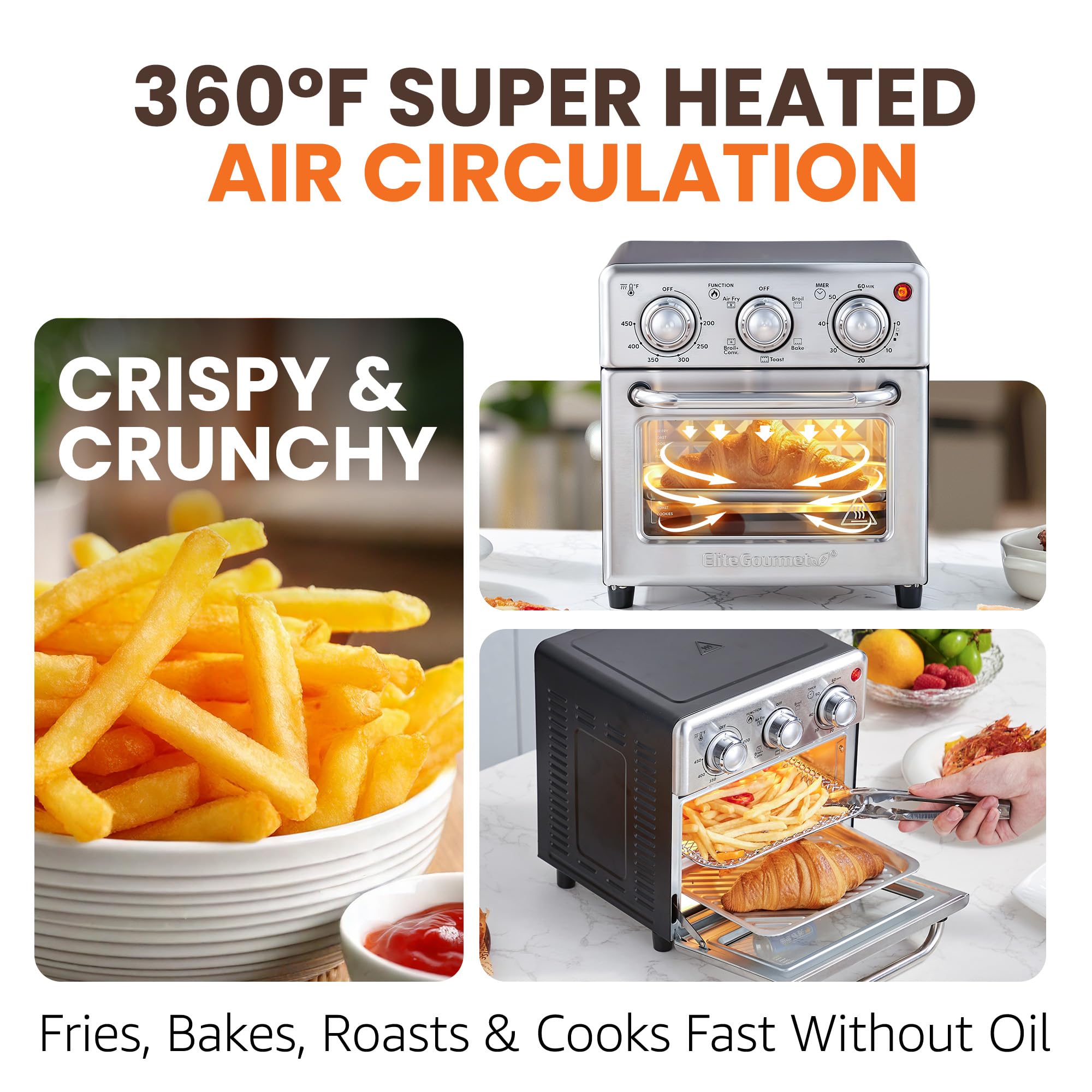 Elite Gourmet EAF0852SS 8.5Qt. Horno freidora de aire de capacidad, freír al aire, asar, tostar, hornear y asar con convección, controles de tiempo y temperatura, 800 vatios, incluye 25 deliciosas