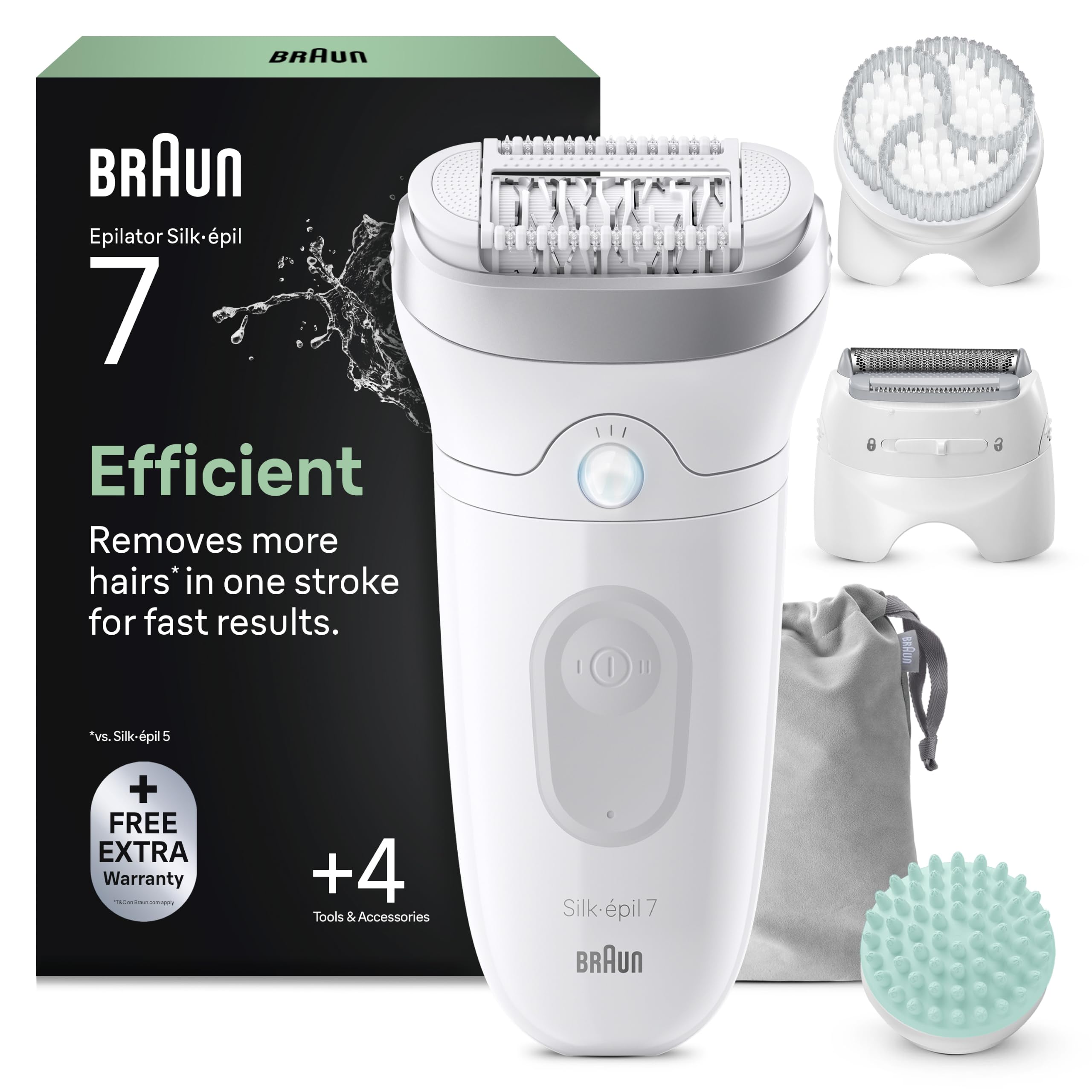 Braun Silk·épil 7 SkinSpa Kit tout-en-un, épilateur avec tête large pour une épilation facile, peau sèche et humide, lisse et durable, comprend un tampon de massage, une tête de rasoir et un peigne de