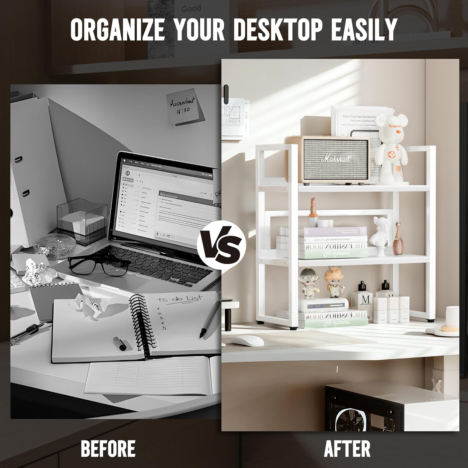 Brakki Desk Shelf Organizer, Adjustable 2 Tier Metal Desktop Shelves, Desktop Bookshelf Organization with Foot Mat, Multi-Functional Small Storage Rack for Office Dorm Home, White