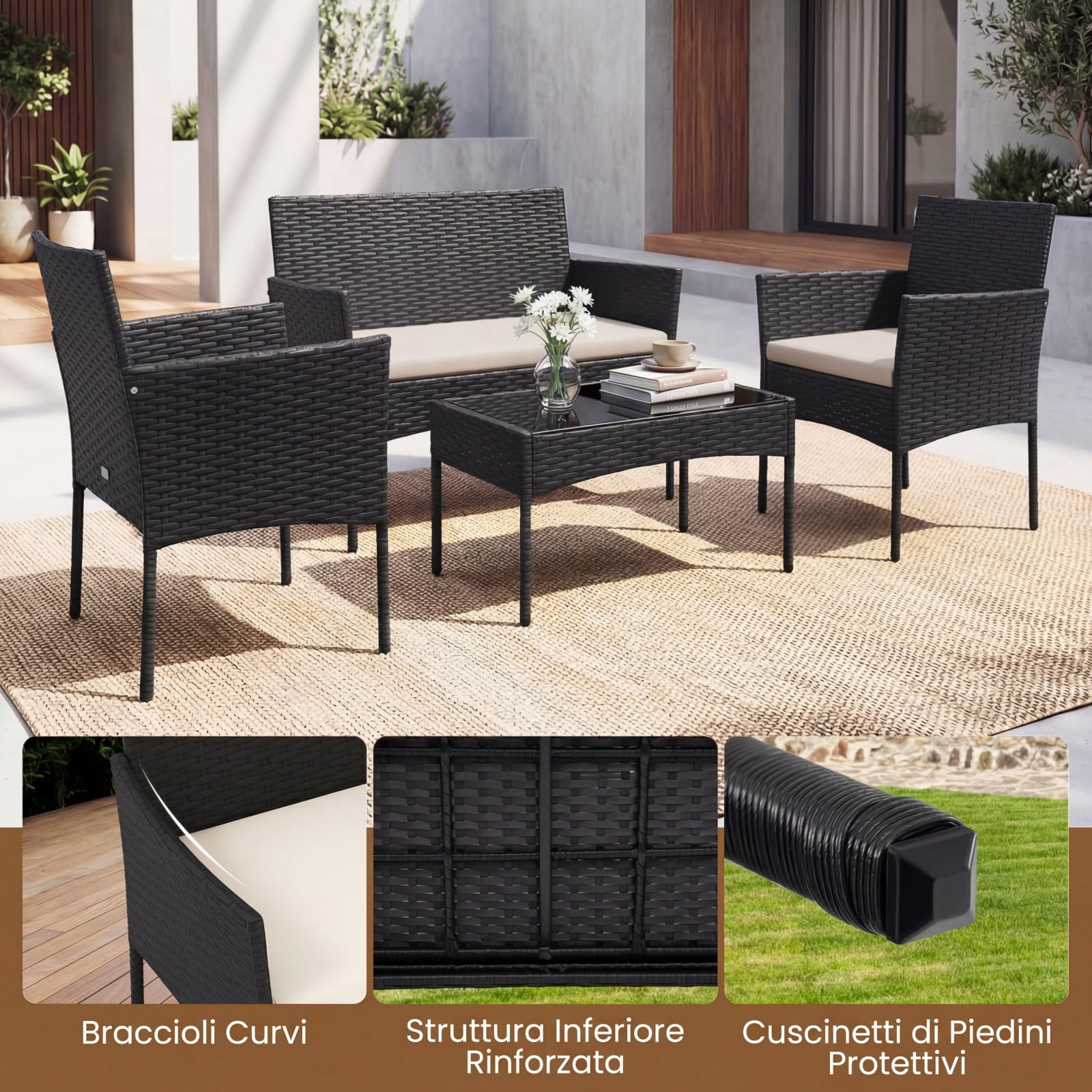 COSTWAY Set Salotto da Giardino 4 Pezzi, Divanetto da Esterno in Rattan PE con 2 Poltrone e Tavolino con Piano in Vetro Temperato, Cuscini Imbottiti e Telaio Metallo per Terrazzo e Balcone (Beige)