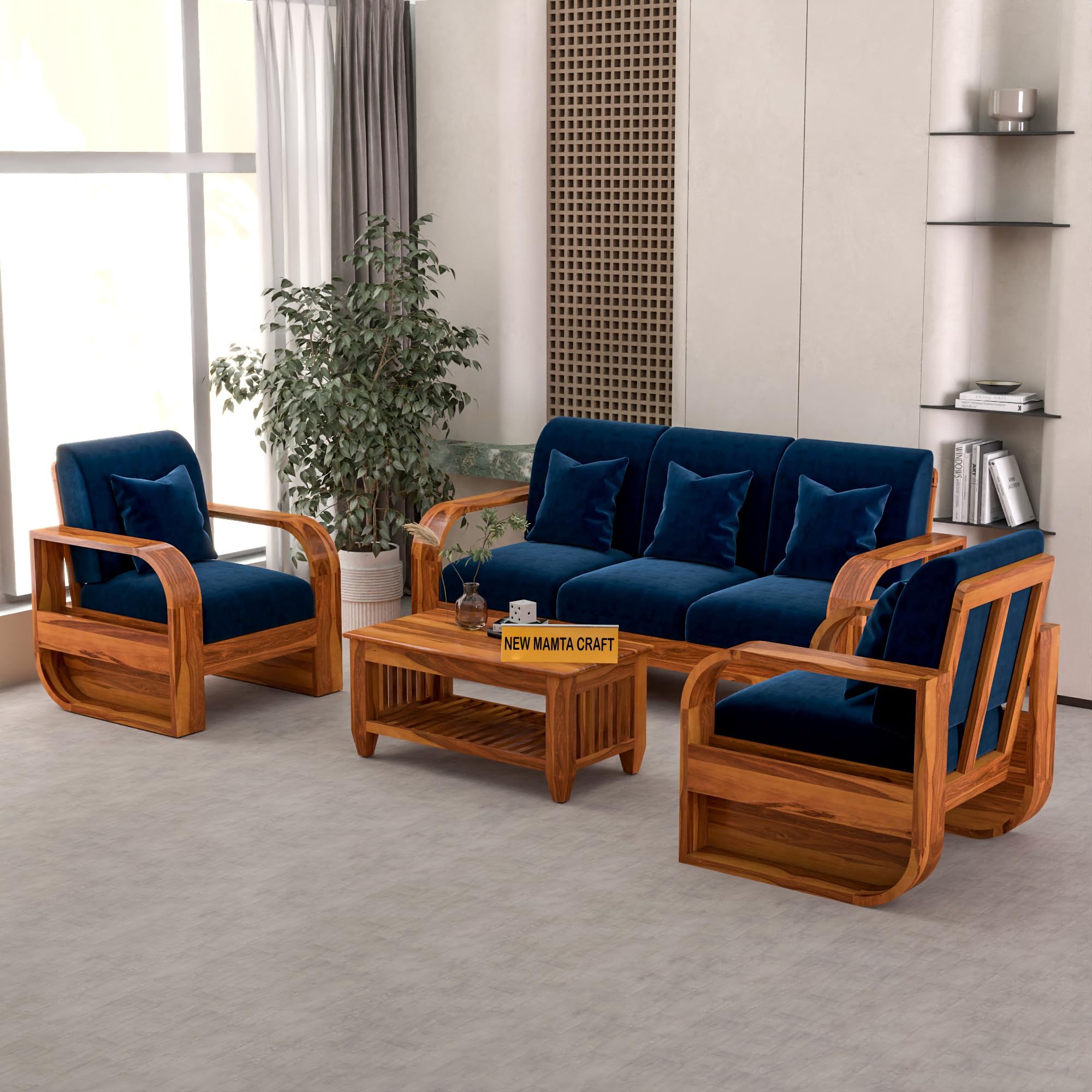 NEW MAMTA CRAFT Sheesham Wood 5 Seater Sofa Set for Living Room, Wooden Sofa for Living Room Furniture 3+1+1 Sofa Set, 5 Person Sofa (Natural Teak Finish,40 Density,Blue Cushion)-picture-27