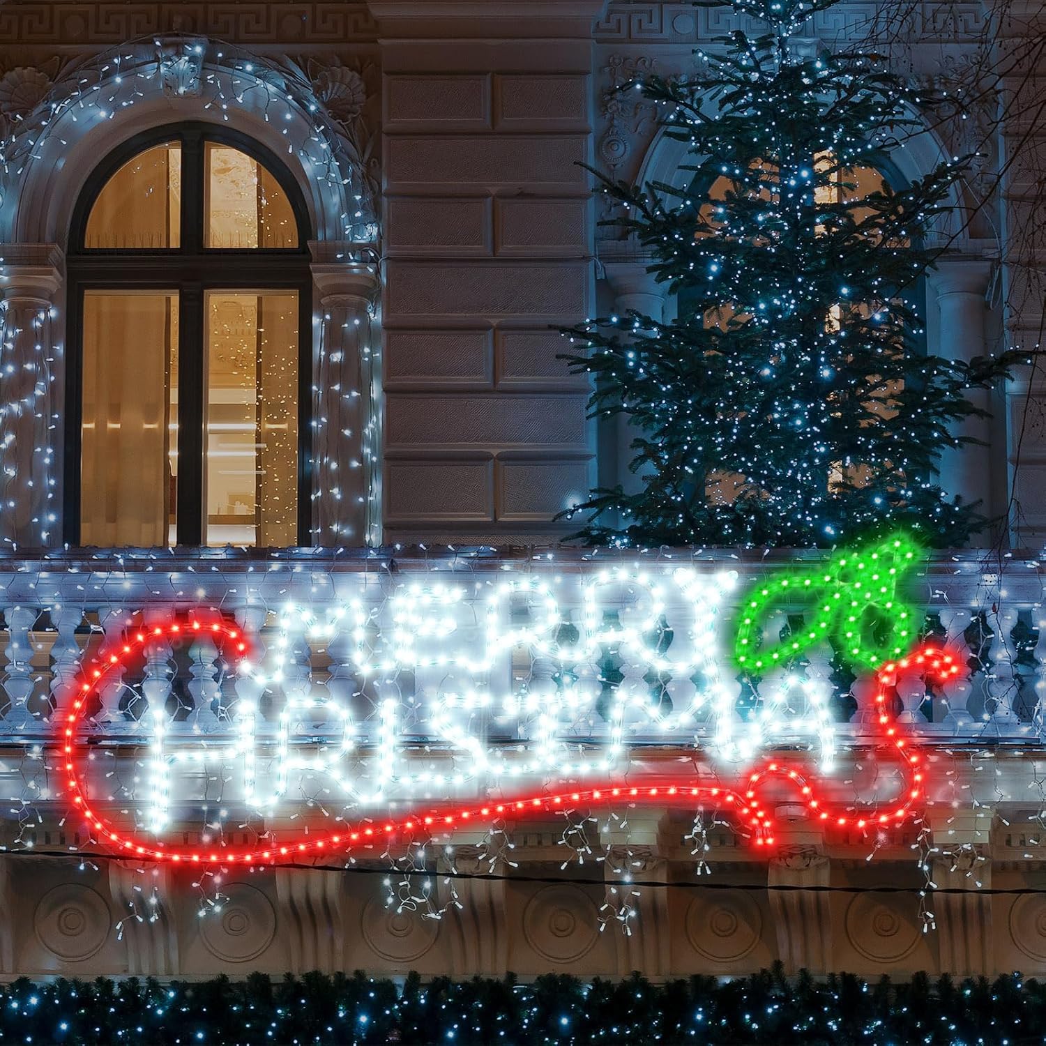Lighted Merry Christmas Sign Decoration Extra Large Green and Red LED Neon Pre Lit Display Outdoor Christmas Yard Decoration Garden Waterproof(Snow Style)
