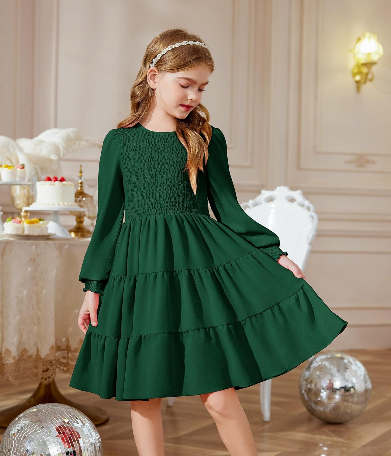 Arshiner - Brandclub - Arshiner Girls Lantern Sleeve Dress Kids Boho Fall  Shirred Smocked Tiered Swing Semi Formal Trendy Party Dresses with Pockets  Bright Green 9-10 Years