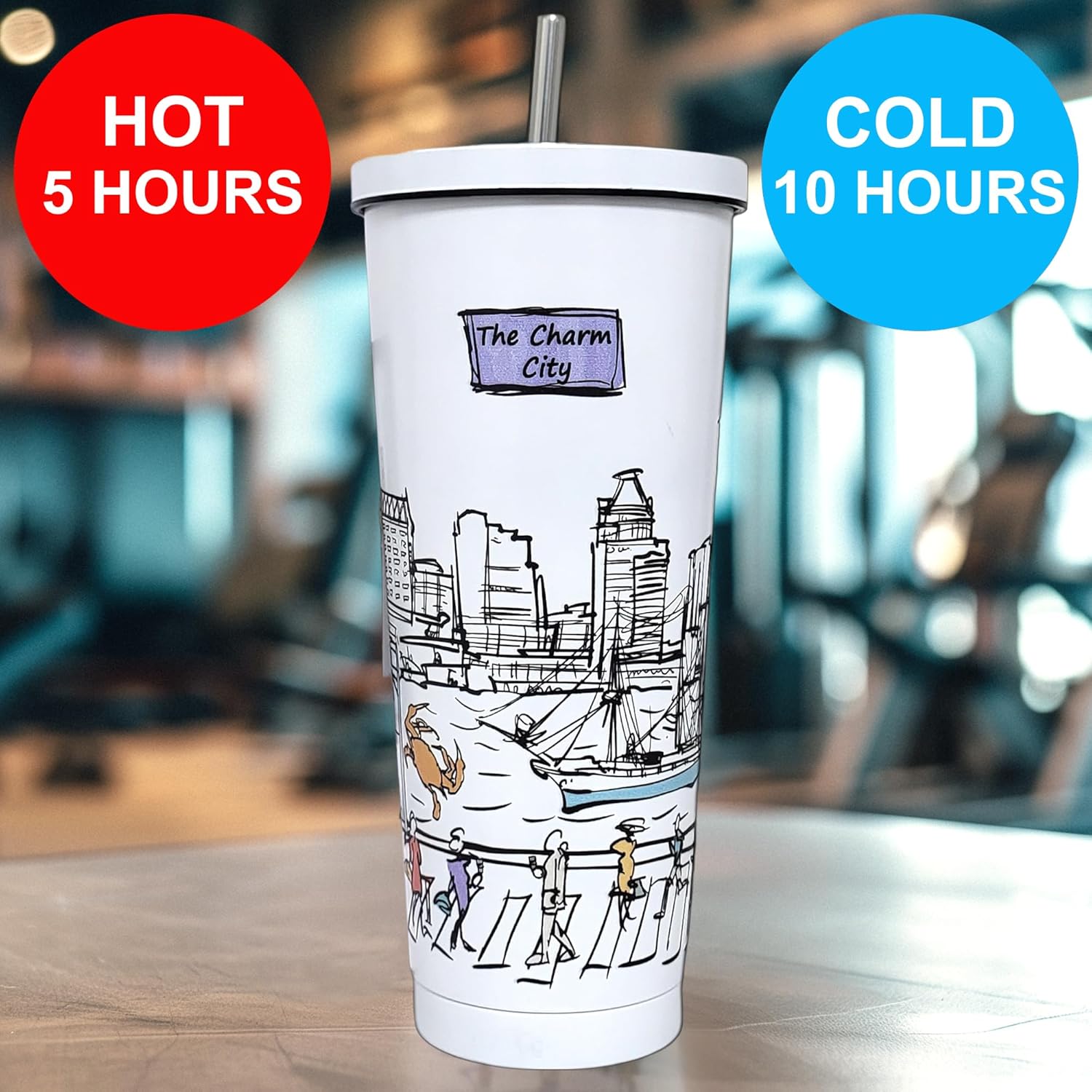Cities Around the World 25 Oz Tumbler Series - Designed in the USA - Vacuum Insulated Tumbler with Lids & Straw - Stainless Steel Coffee Water Travel Mug, Cup for Hot Cold Drink (Baltimore) - Image 6