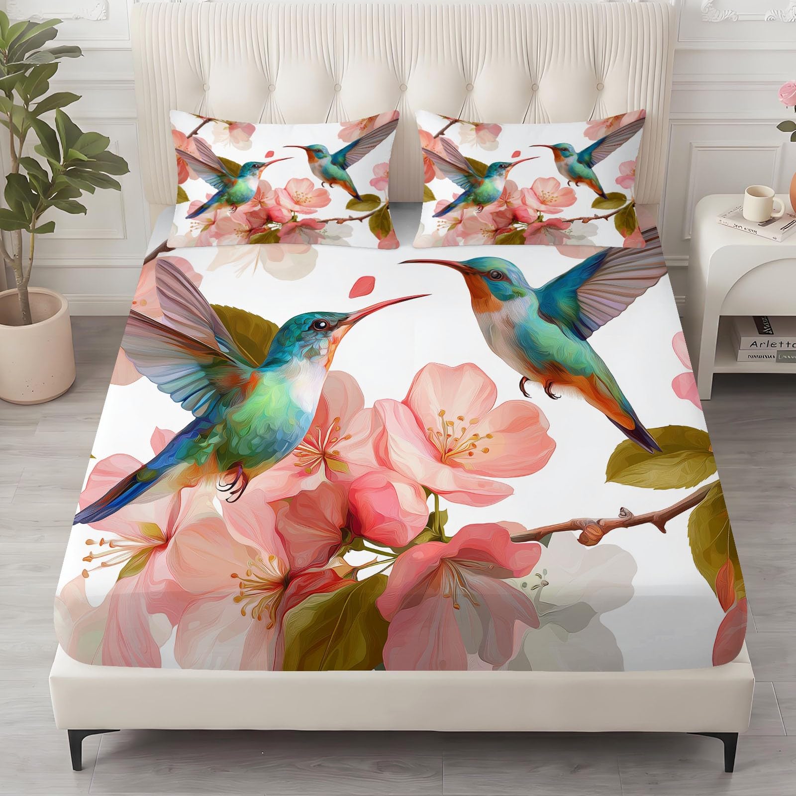 Juego de sábanas bajeras de 3 piezas, 200 x 200 cm, diseño de plantas, colibrí, de microfibra, moderno, suave y agradable a la piel, transpirable, hipoalergénica, para colchones de hasta 30 cm de