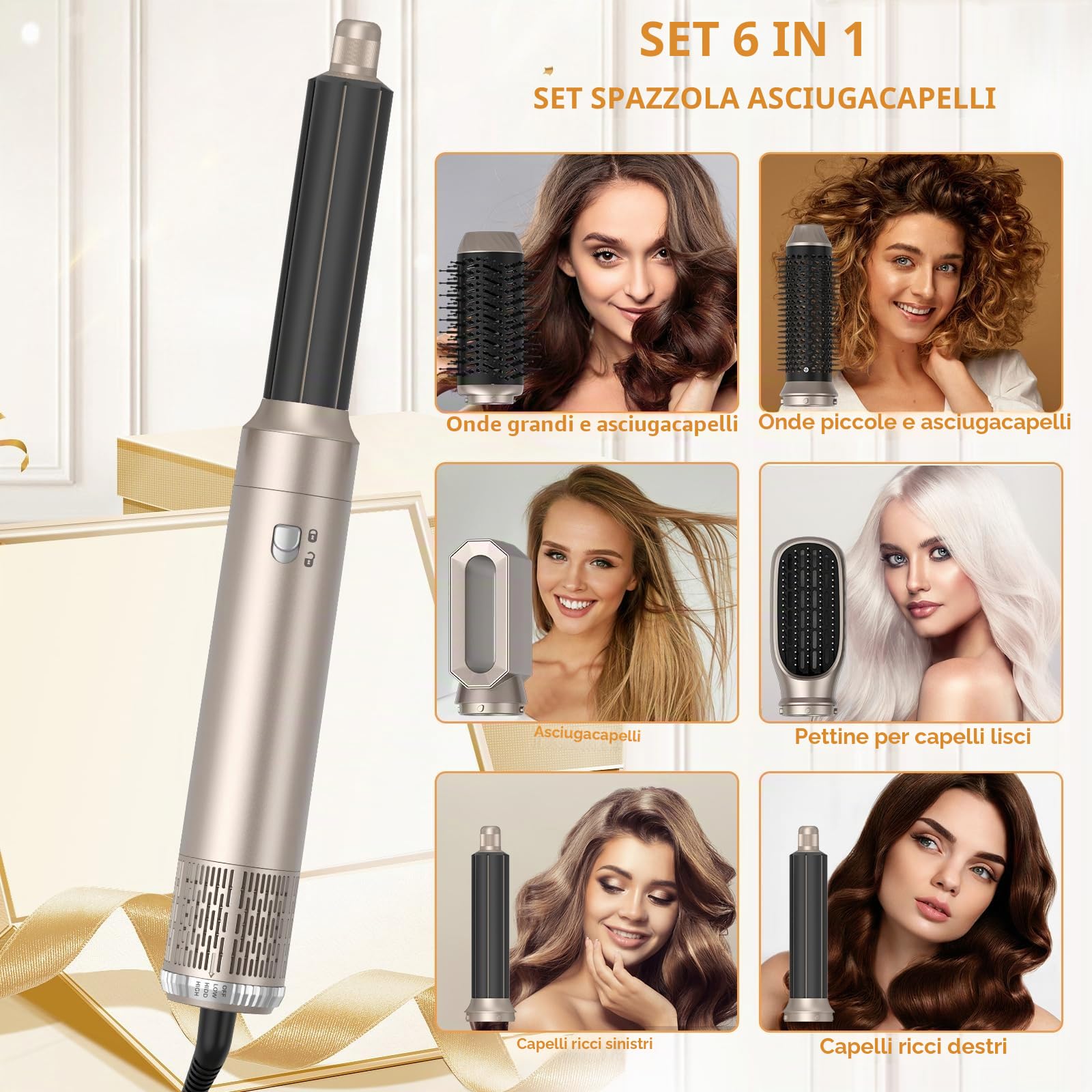 Hair Styler 6 in 1,Asciugacapelli Capelli ad Aria,1000w Phon Capelli,Spazzola Asciugacapelli Per Dare Volume Ai Capelli, Lisciare, Arricciare, Ioni Air Curler Brush,Strumenti per Capelli