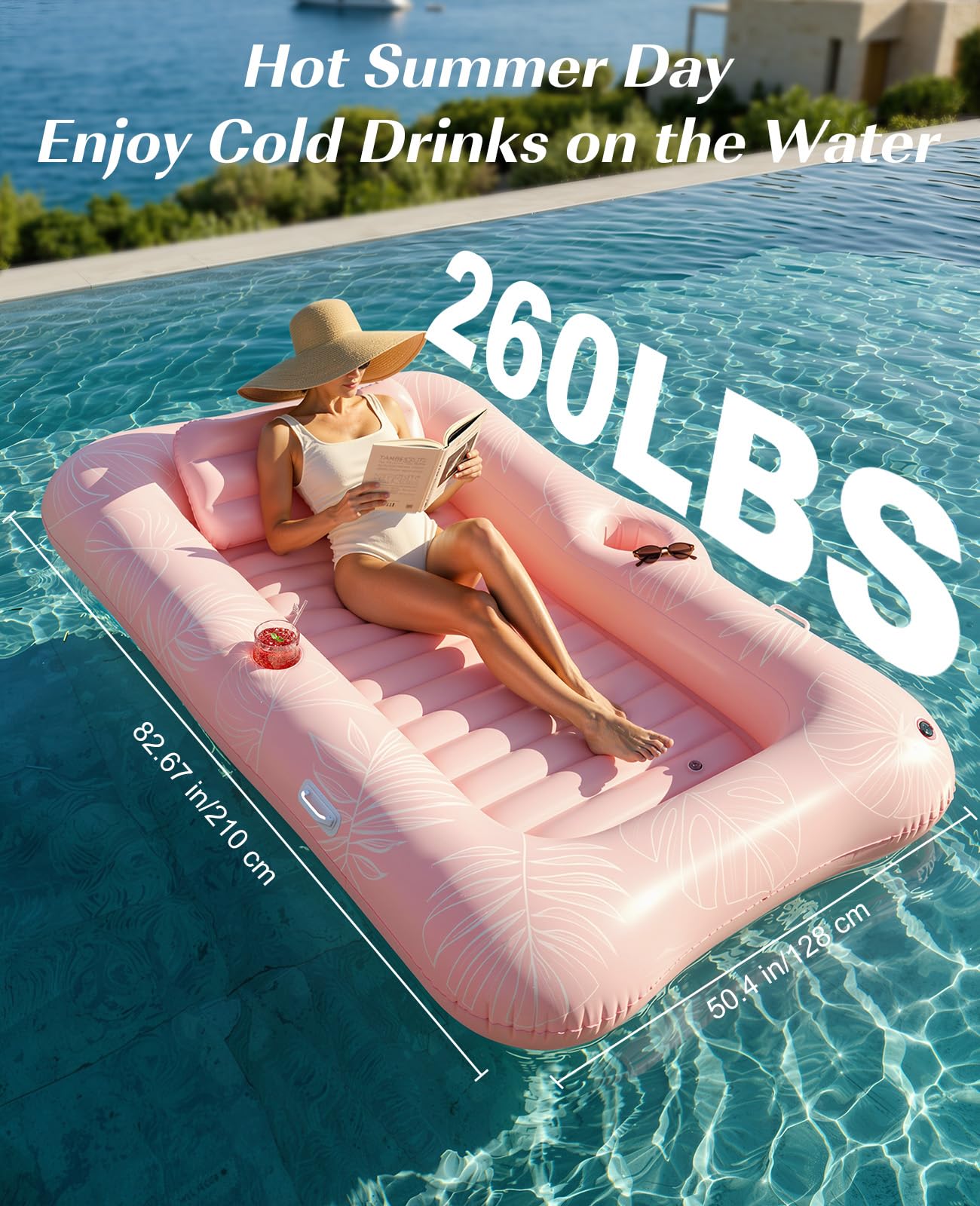 HeySplash Flotador de Piscina, Tumbona Hinchable con Válvula Rápida y Dos Portavasos para Niños y Adultos, Fila Flotante Hinchable para Playa Fiesta en la Piscina