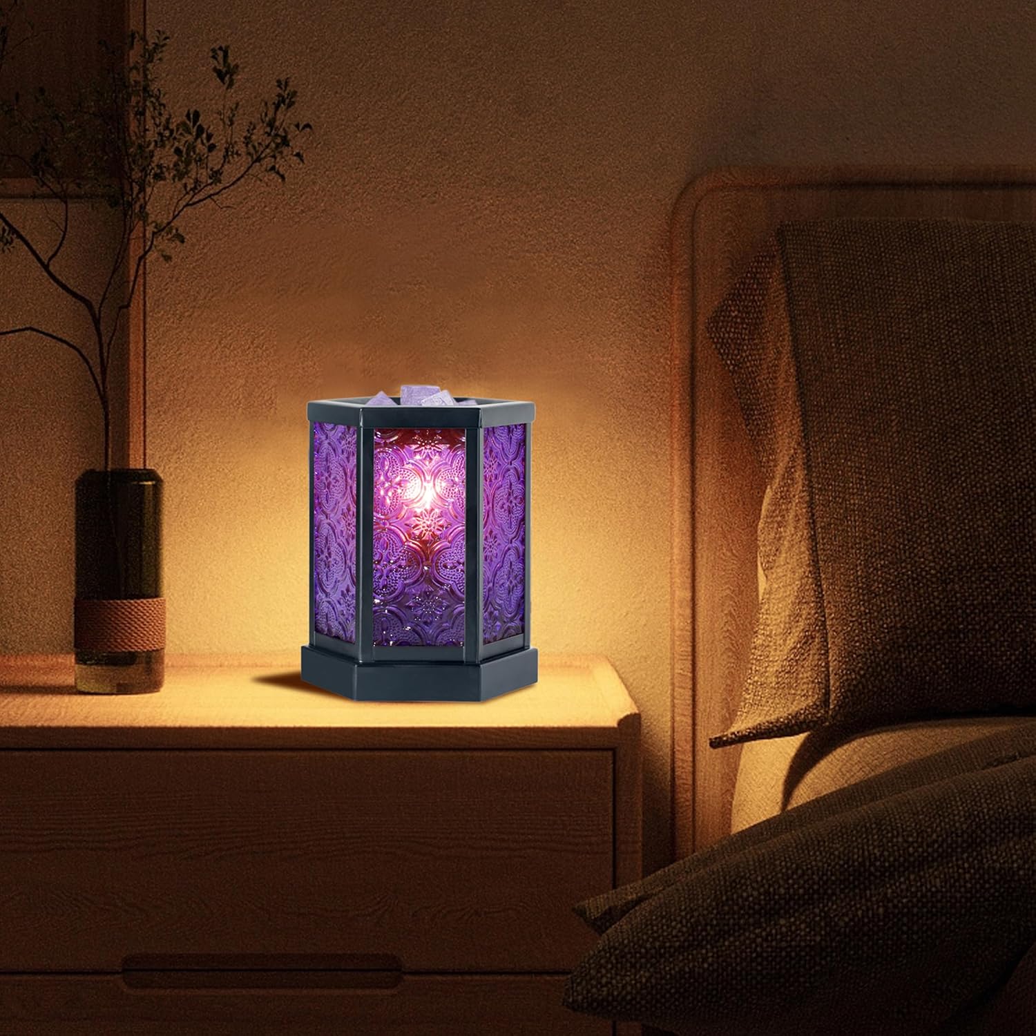 CVHOMEDECO. Moroccan Electric Wax Melt Warmer Decorative Candle Warmer Burner for Scented Candles, Wax Melts and Tarts to Freshen Room, Idea for Home and Office Decor., Hexagonal, Purple Glass