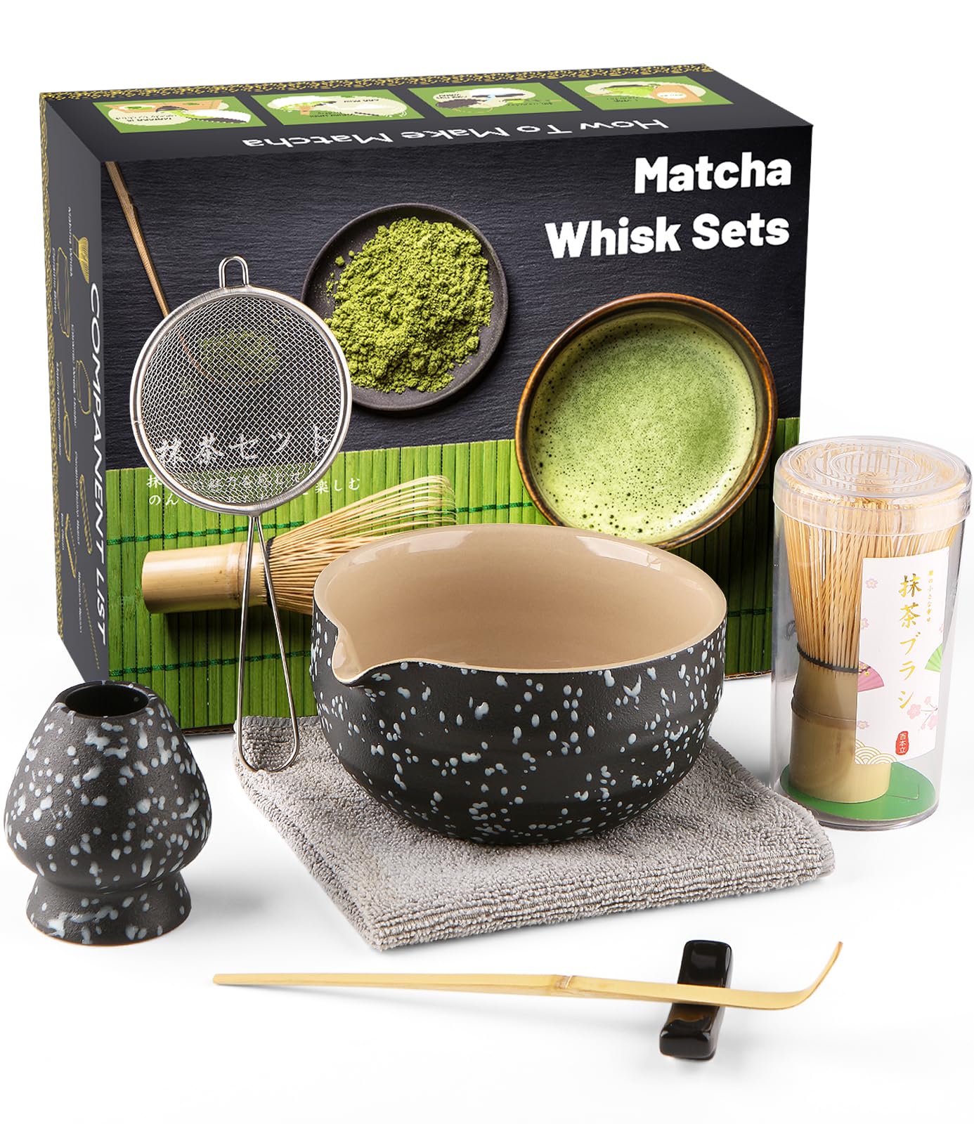 Which Matcha Whisk, Matcha Cup, Matcha Bowl, Chasen, Matcha Sieve, Matcha Spoon (Matcha Whisk-Bamboo, Spouted Bowl: Black Rock)