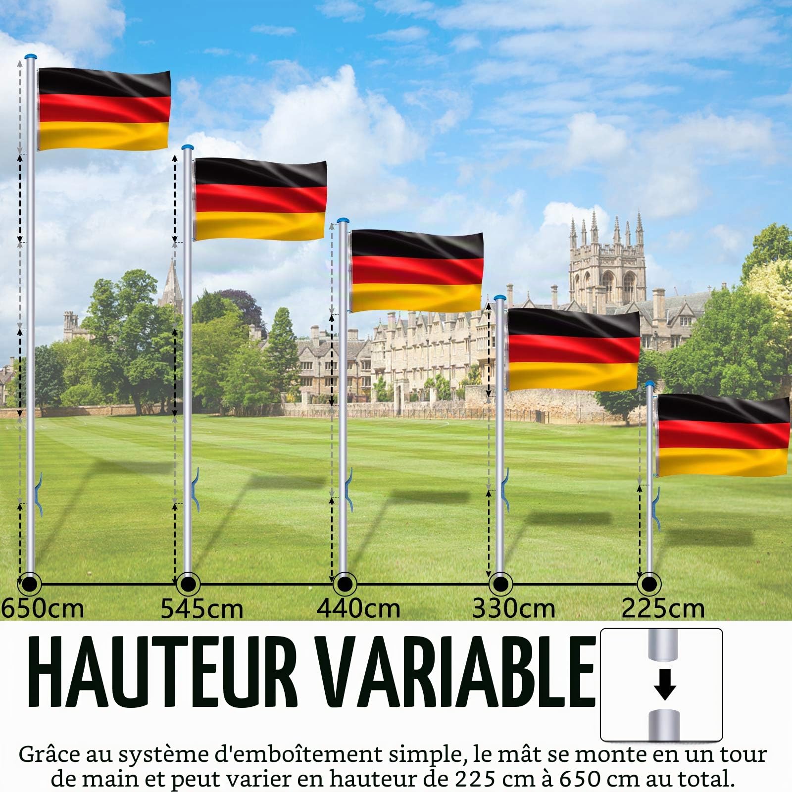 Mât de drapeau stable de 6,5 m avec drapeau de l'Allemagne et câble - Hauteur réglable - En aluminium