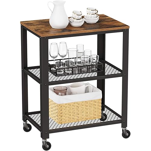 VASAGLE BRYCE Serving Cart, 3-Tier Kitchen Utility Cart on Wheels with Storage, for Living Room, Accent Furniture with Steel Frame, Industrial, Rustic Brown and Black ULRC78X