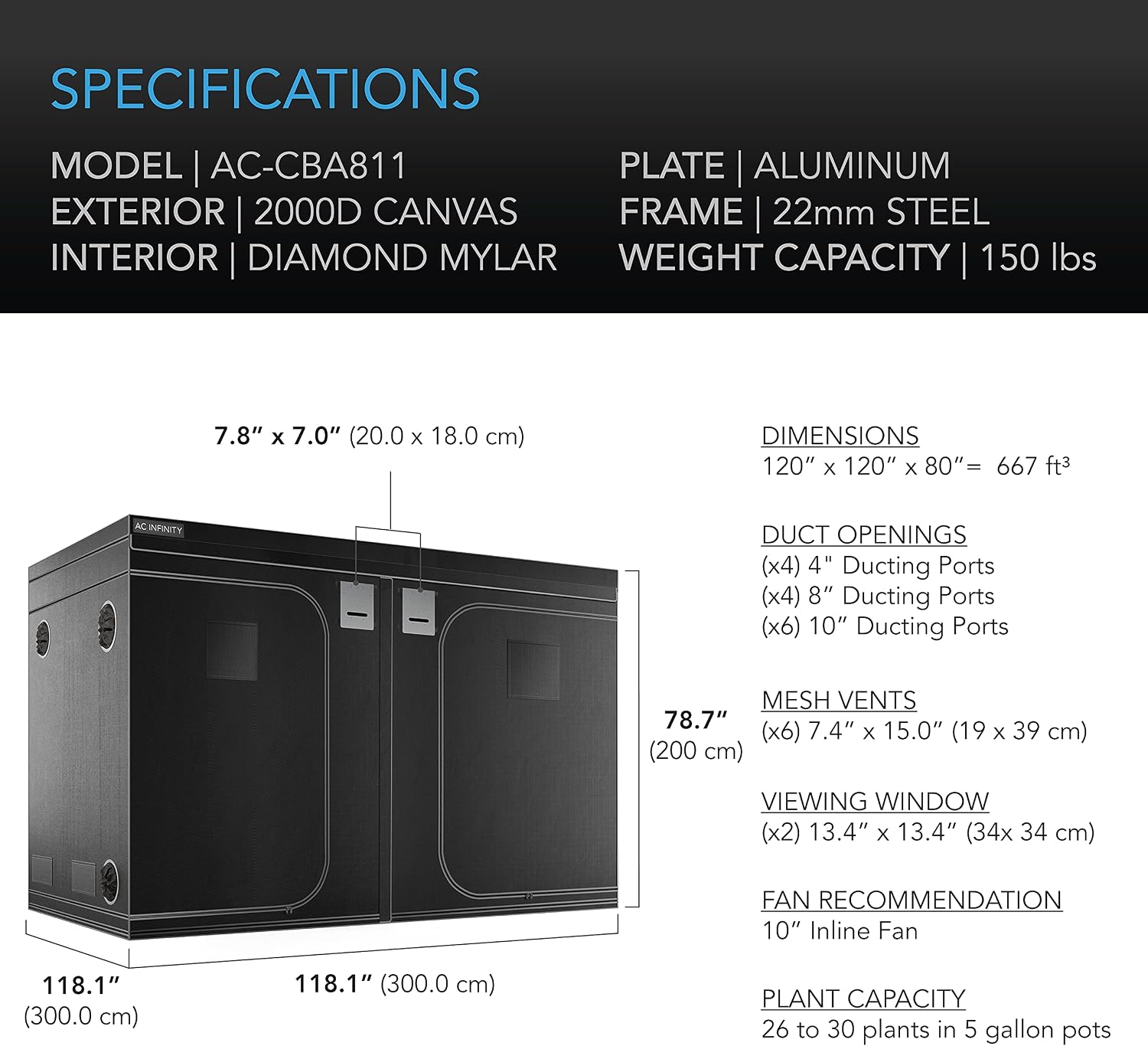 AC Infinity CLOUDLAB 811 Advance Grow Tent, 120"x120"x80" Thickest 1 in. Poles, Highest Density 2000D Diamond Mylar Canvas, 10x10 for Hydroponics Indoor Growing