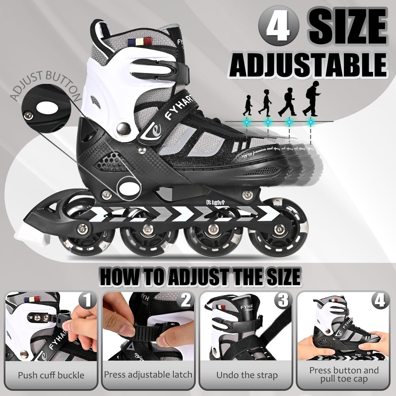 Einstellbare Kinder Inline Skates für Jungen Mädchen, 4-Rollen Inline Skates für Jugendliche & Erwachsene mit leuchtenden Rädern für drinnen draußen Sport Freizeit, Schwarz Weiß