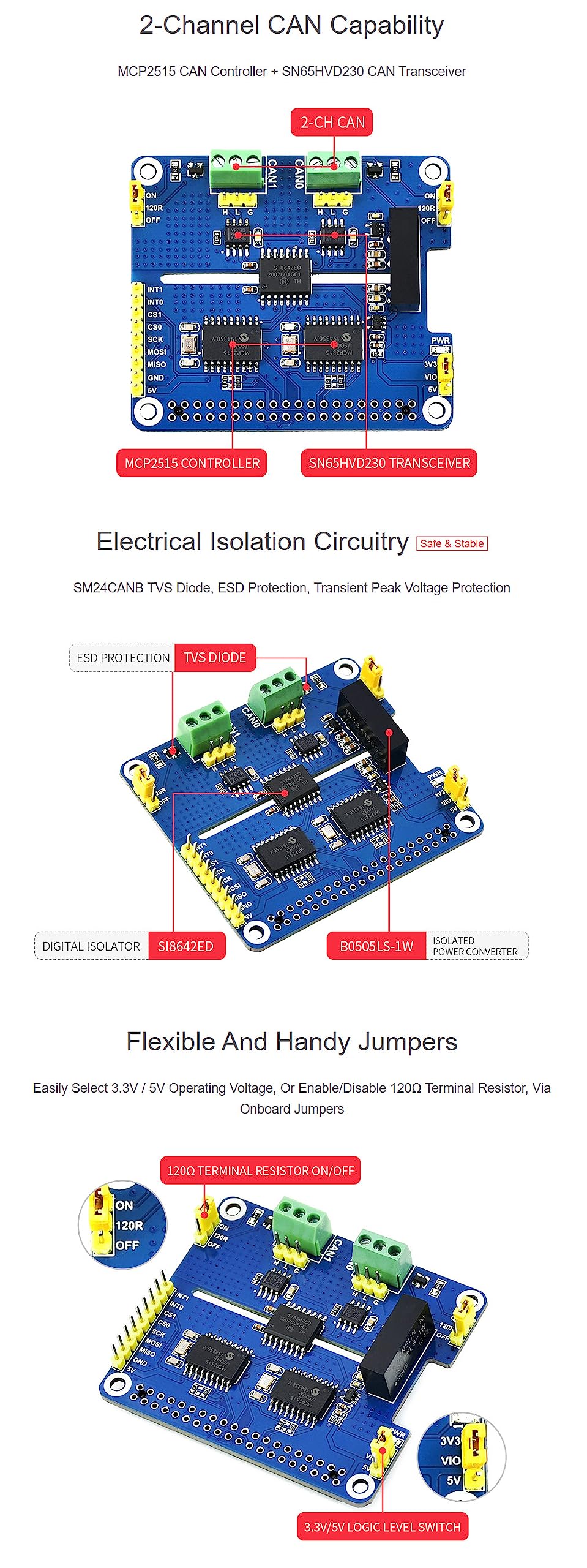 Carte d'extension 2 canaux CAN HAT isolée CAN Bus pour Raspberry Pi/STM32/Arduino avec MCP2515 + SN65HVD230 Dual Chip Solution