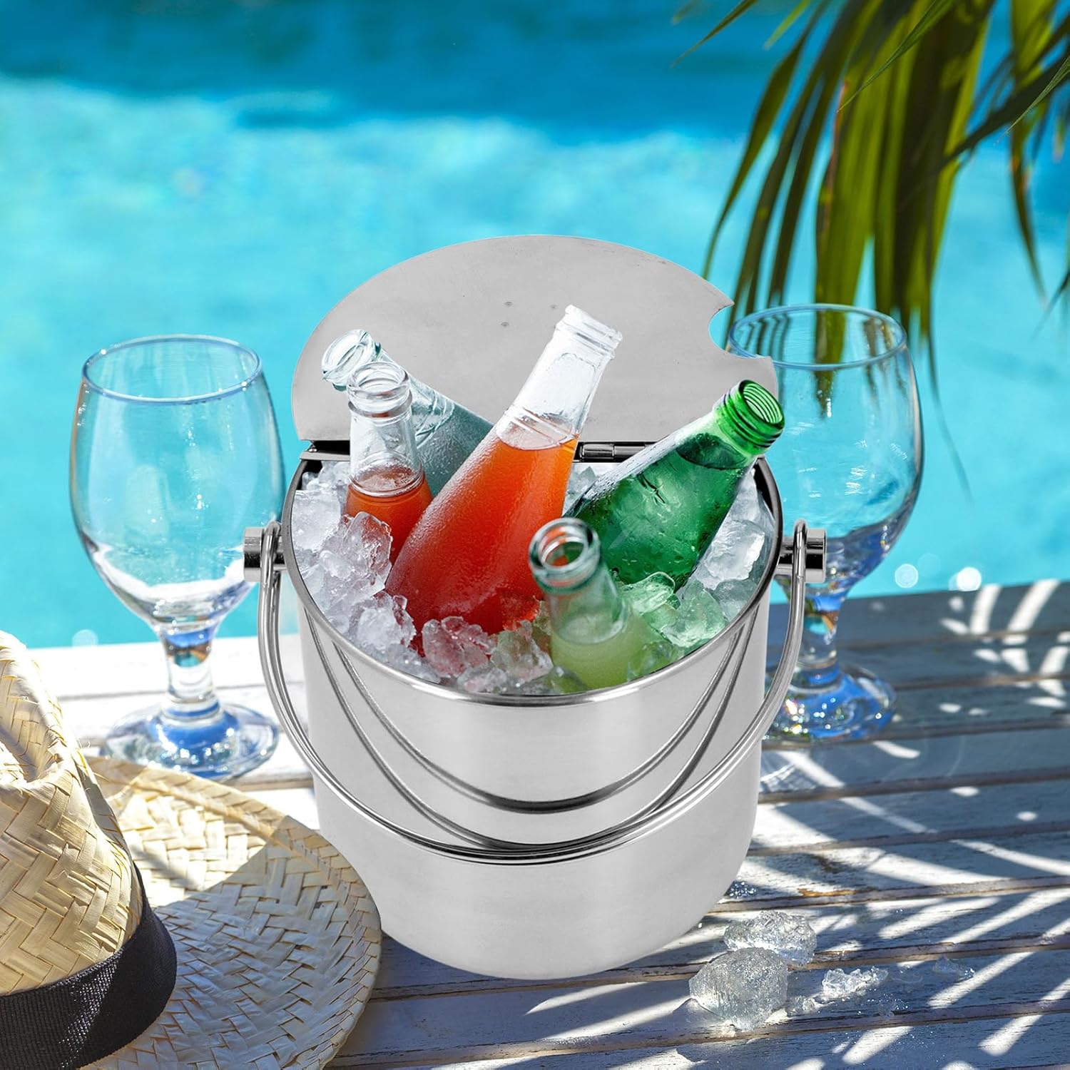 Stainless Steel Beverage Tub,Ice Bucket with Flip Lid Handle Thickened Insulated Ice Bucket for Parties Wine