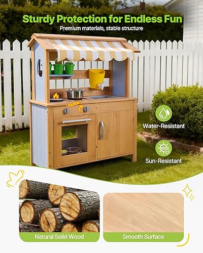 Miniatura 3 de VEVOR Cocina de barro, cocina de barro al aire libre para niños, cocinas de madera al aire libre con cucharas, fregadero, tanque, toldo de