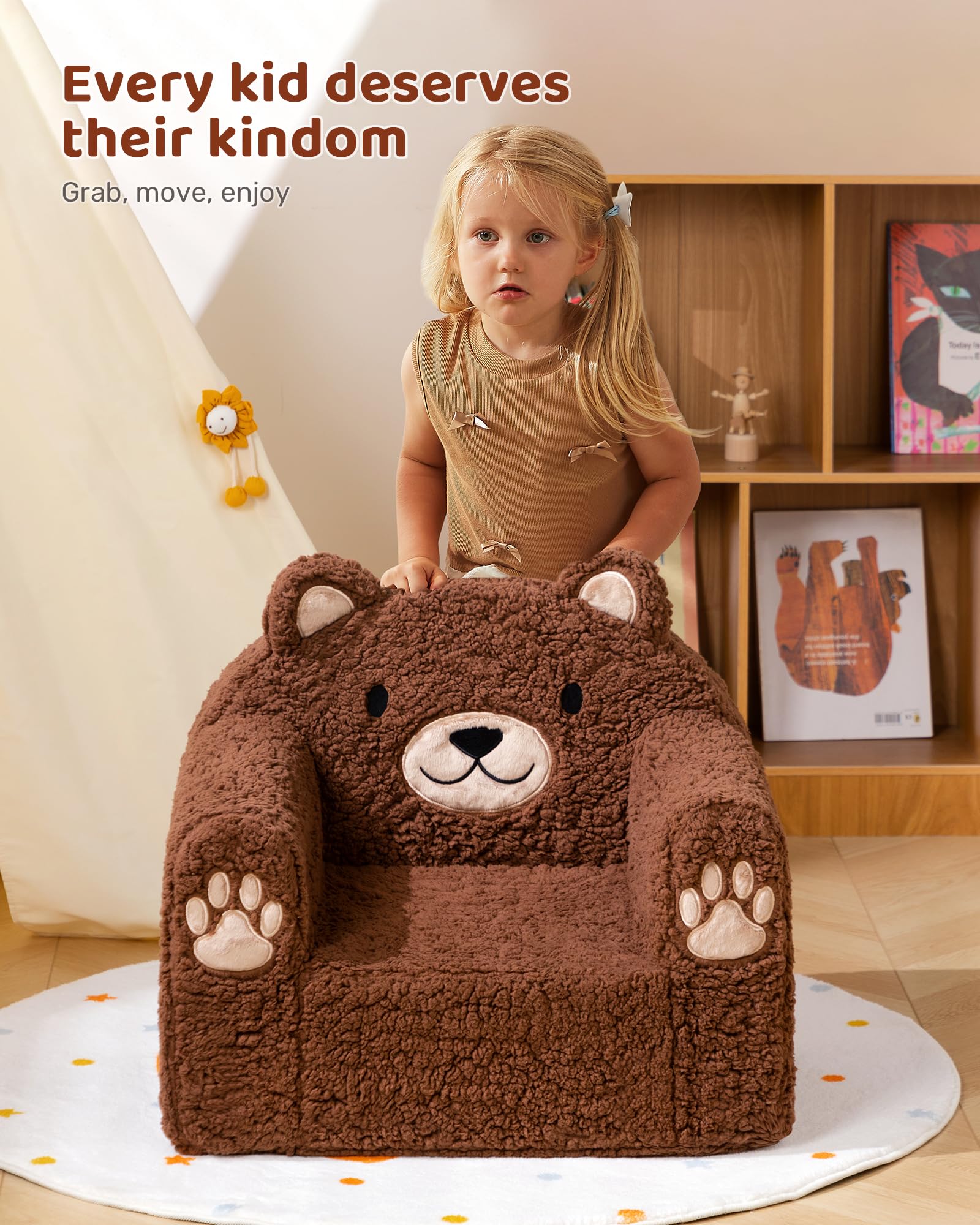 BEJOY Kindersofa Ultraweiches Kuschel-Schaumstoff kindersessel, Einzelsitz Sherpa Lesecouch für Jungen und Mädchen, Braunbär