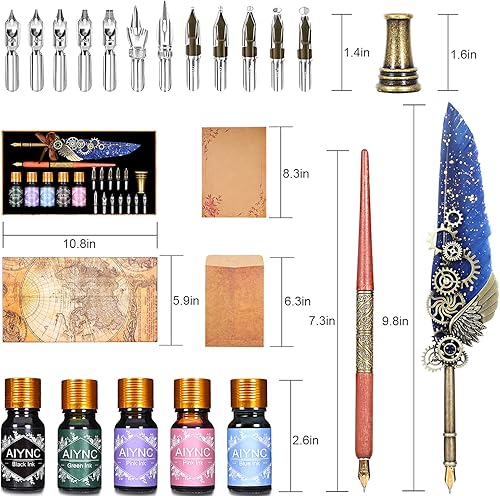 Miniatura 9 de Juego de bolígrafo y tinta, juego de tinta de pluma que incluye bolígrafo mecánico y bolígrafo de inmersión de madera, 5 colores de tinta, 12 puntas